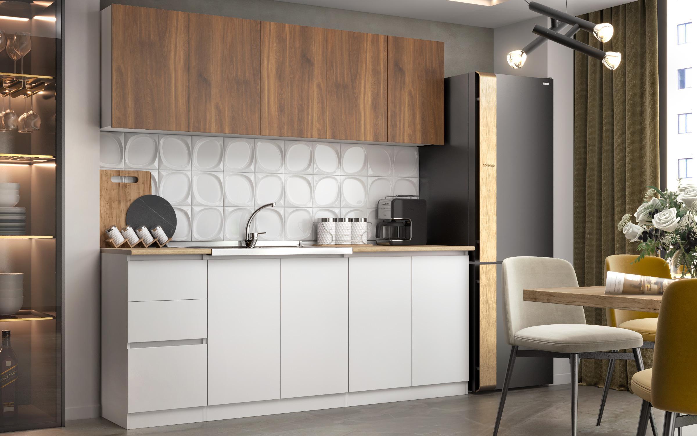 Kitchen with included thermo countertop Alma, white + Cognac Castello oak  1
