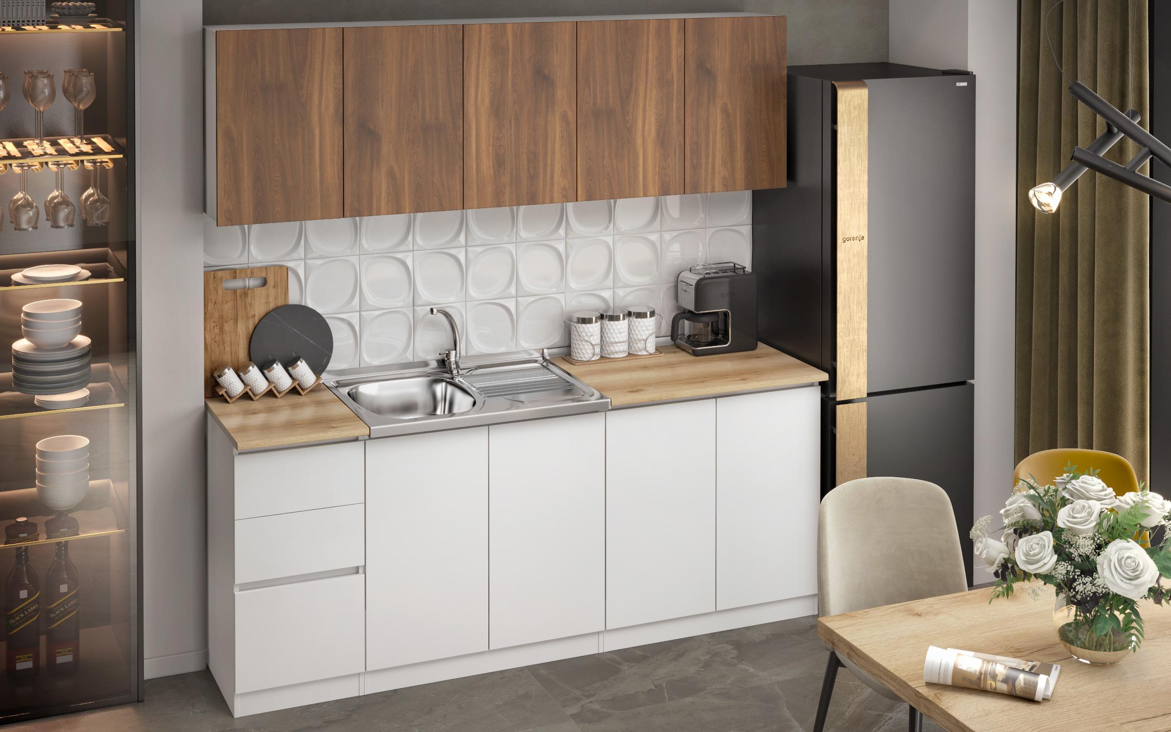 Kitchen with included thermo countertop Alma, white + Cognac Castello oak  2