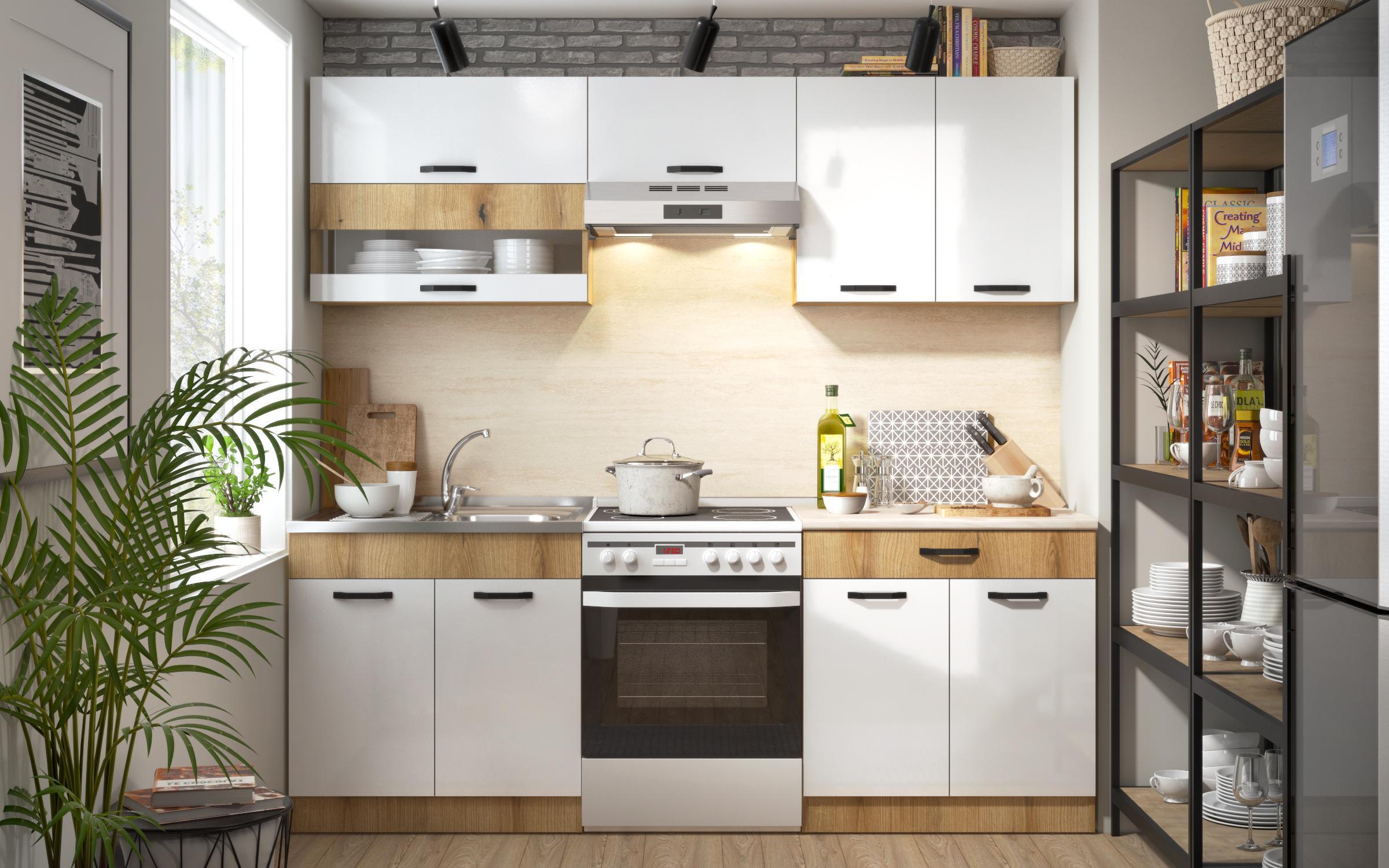 Kitchen with included thermo countertop Victoria S, Evoke oak + white gloss  1