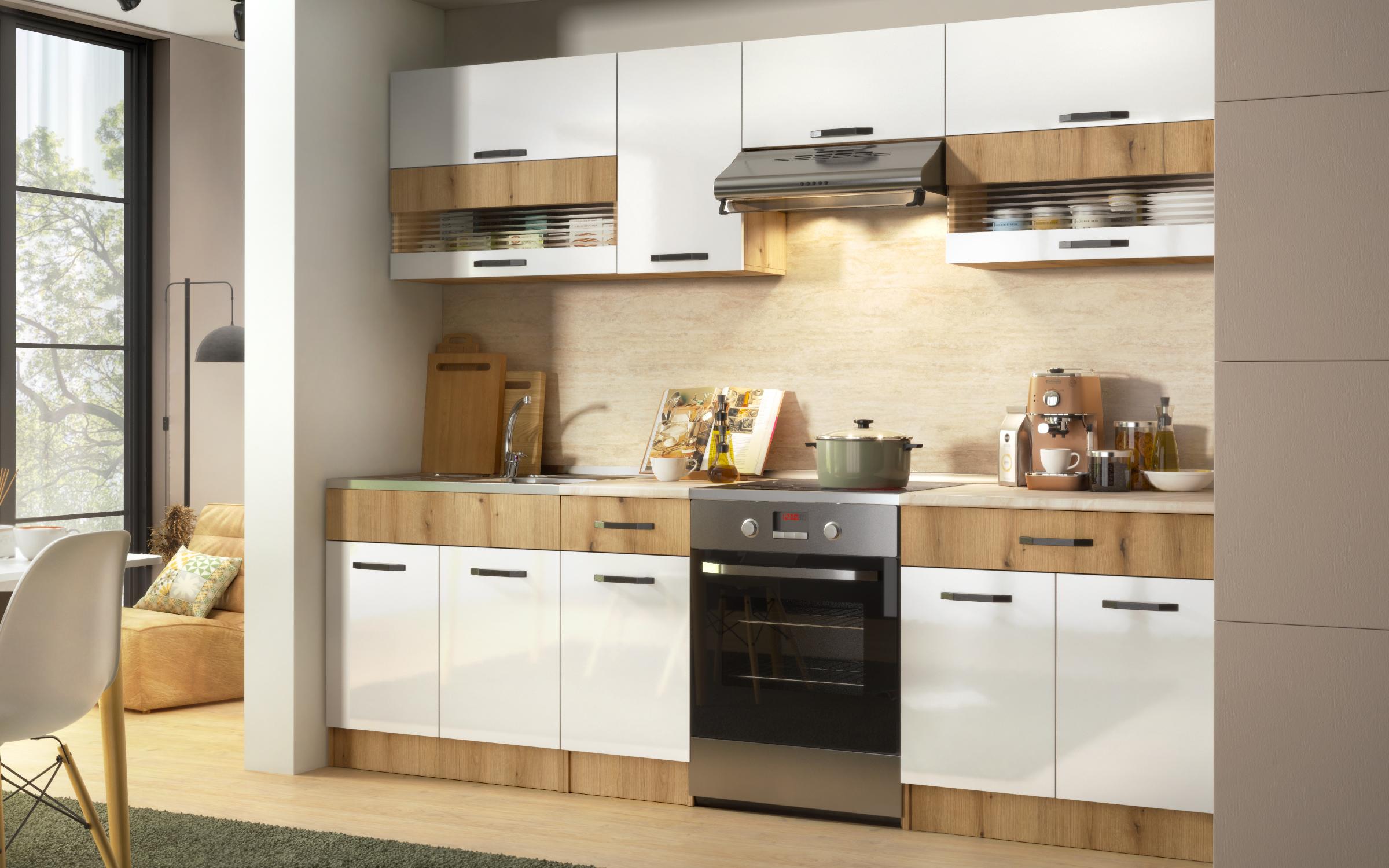 Kitchen with included thermo countertop Victoria, Evoke oak + white gloss  2
