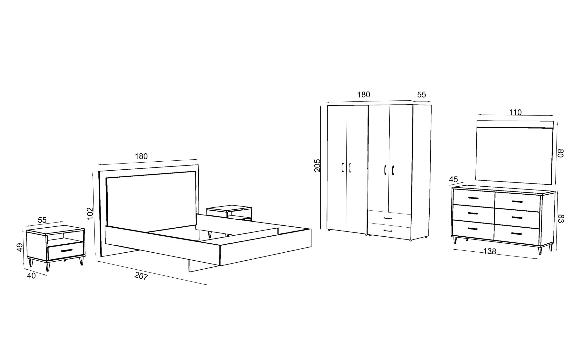 Bedroom furniture set for mattress 160/200 Salento, Tobacco Craft oak + black matt  5