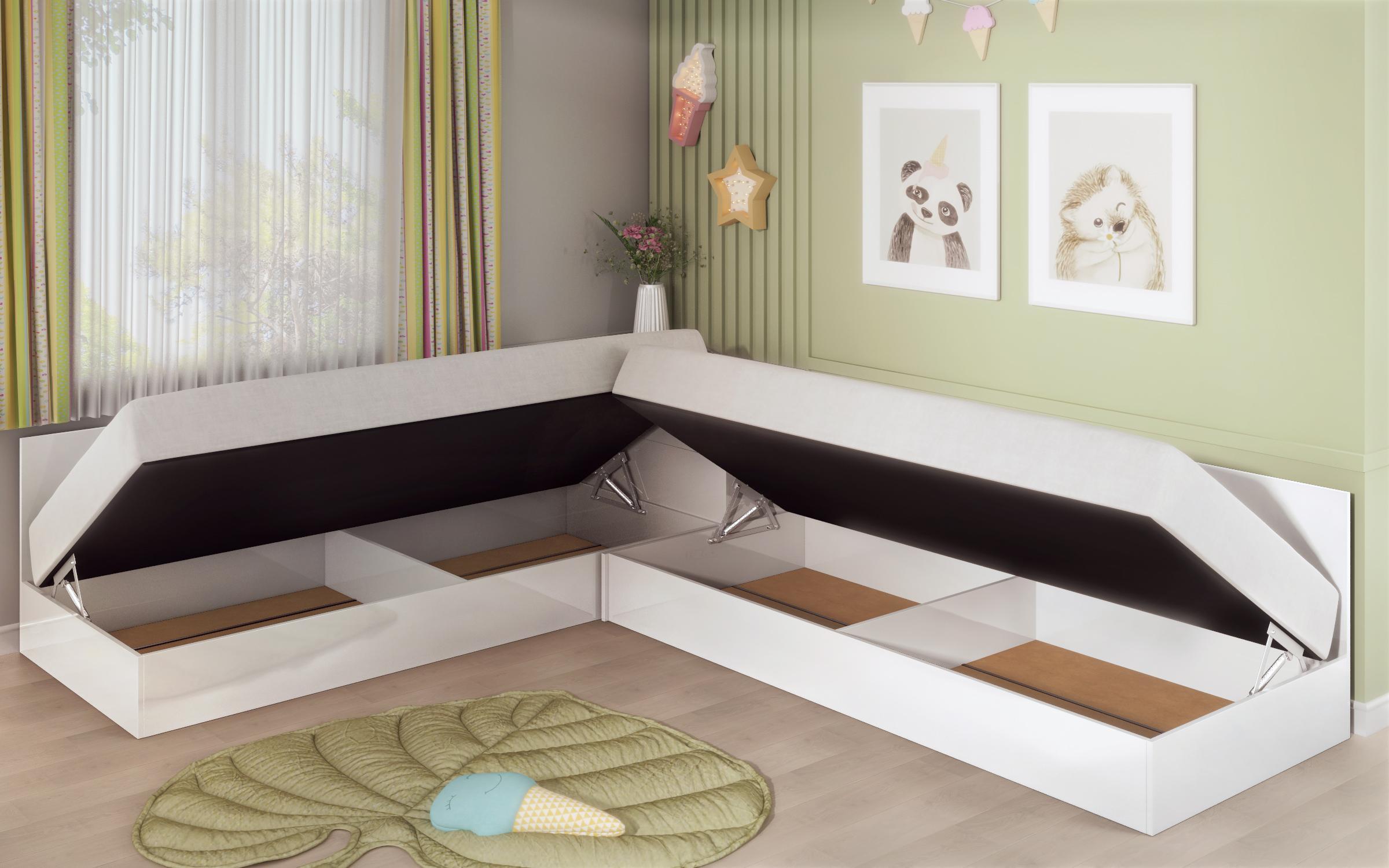 Corner beds with storage chest for mattress 82/190 Alps, white matt  3