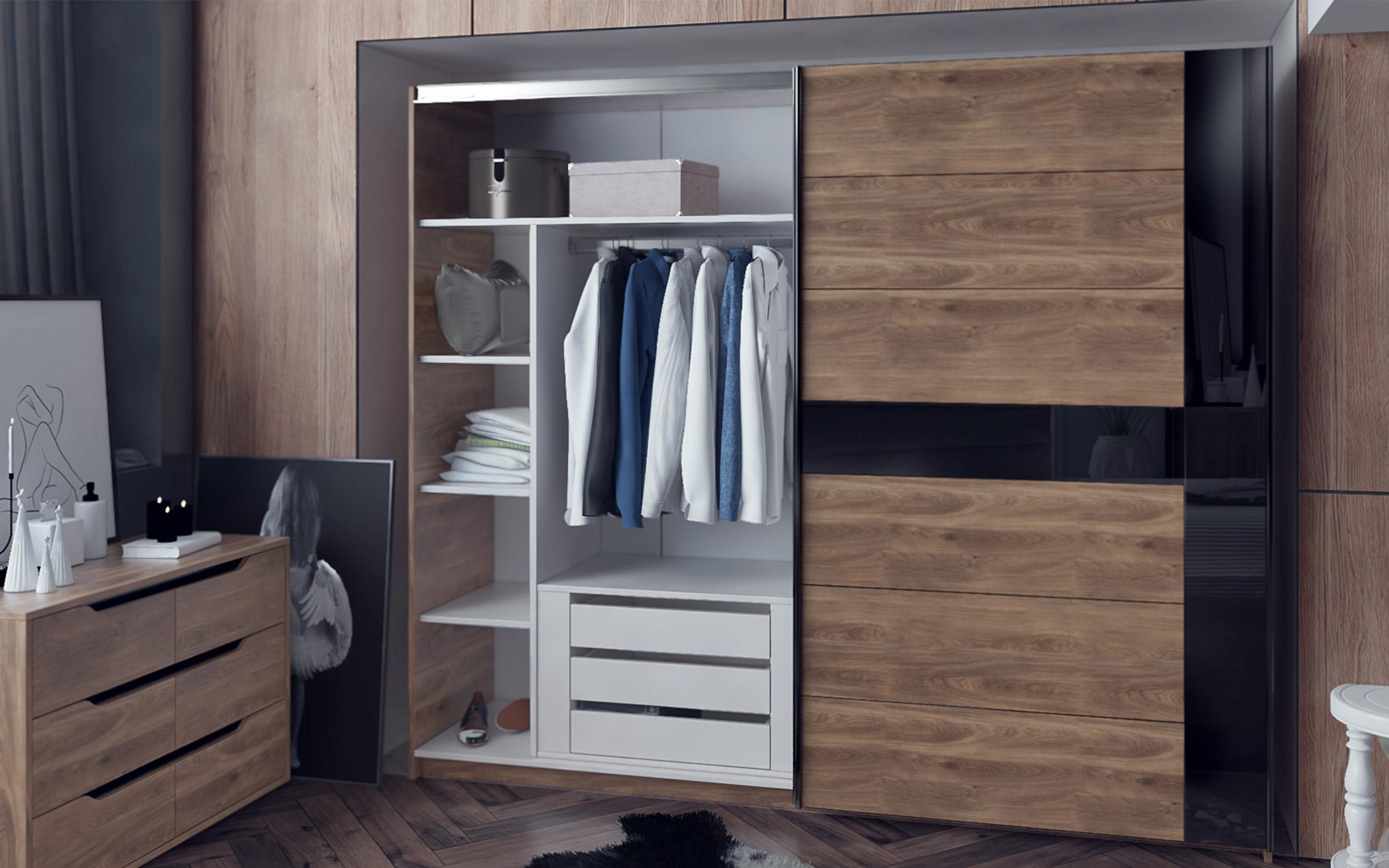 Wardrobe Modern M03, Brandy Castello oak + black gloss  3