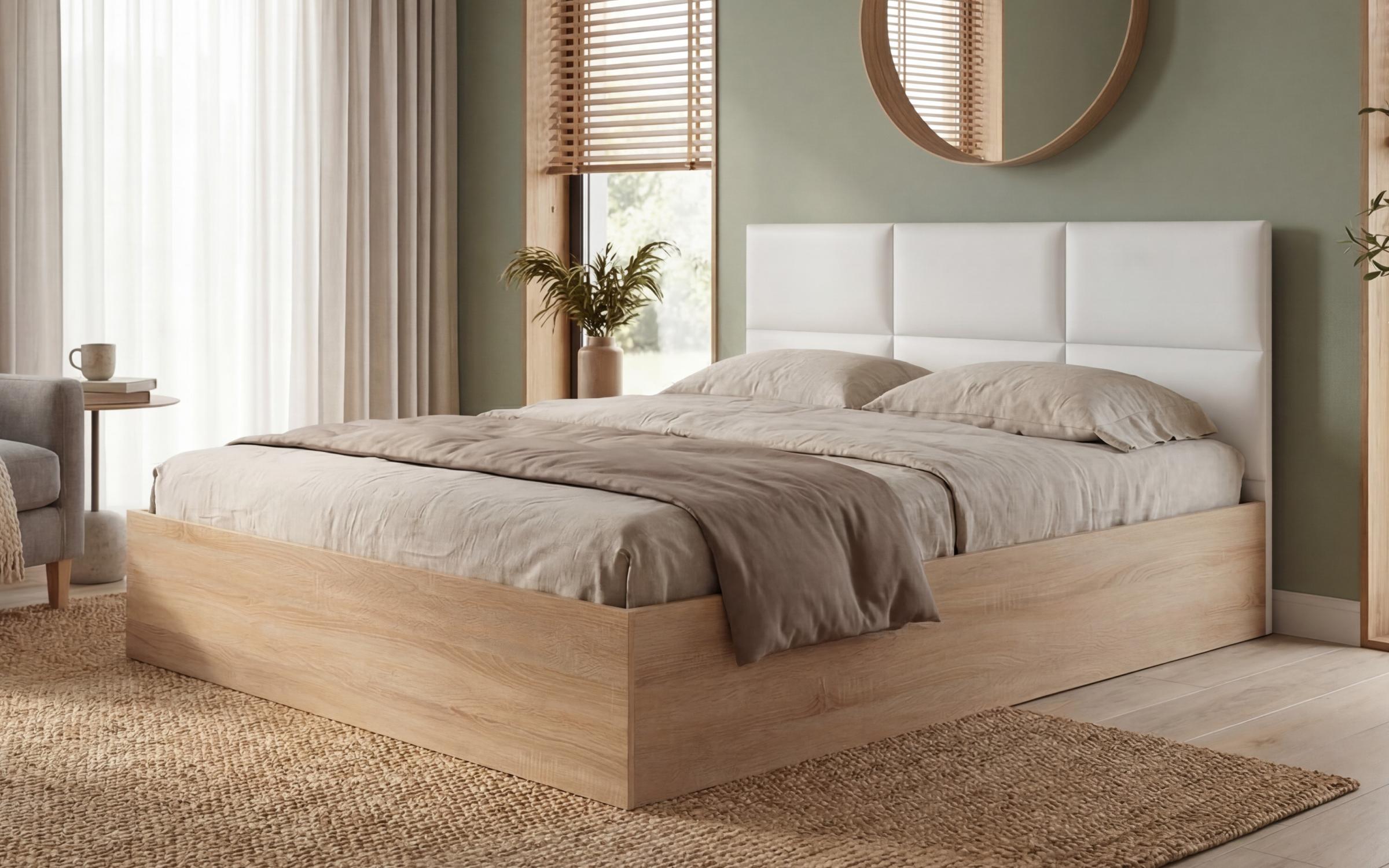 Upholstered double bed 140/200 Magdalena + mattress, Sonoma oak + white leather  1