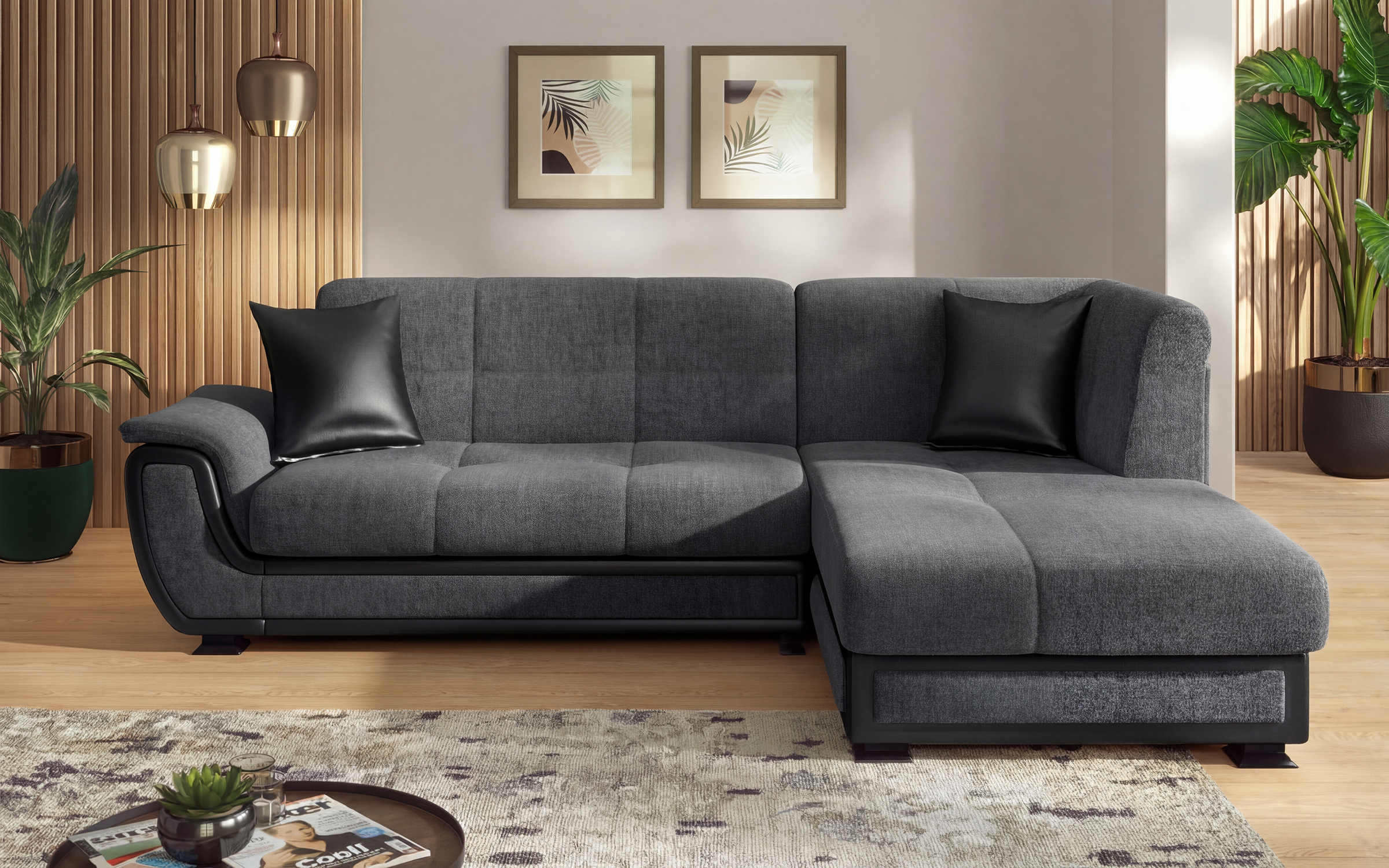 Extendable corner sofa + click-clack mechanism Princess II S, grey + black leather  1