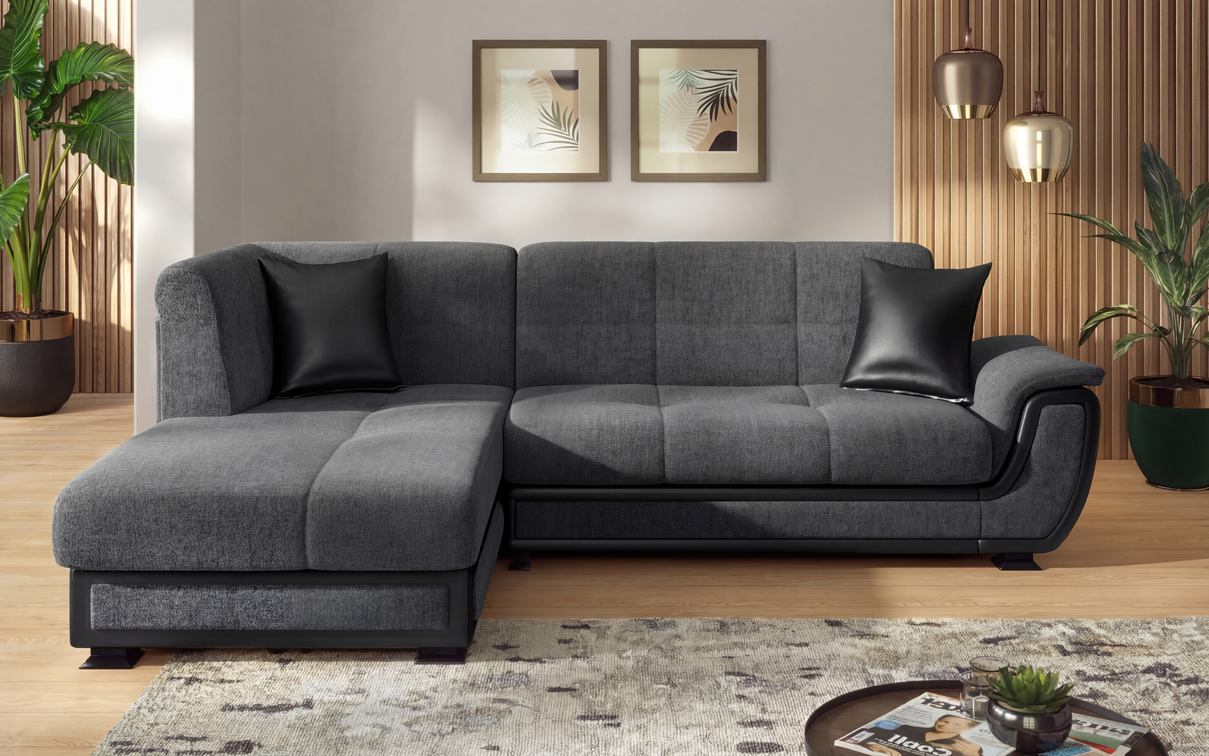 Extendable corner sofa + click-clack mechanism Princess II S, grey + black leather  1