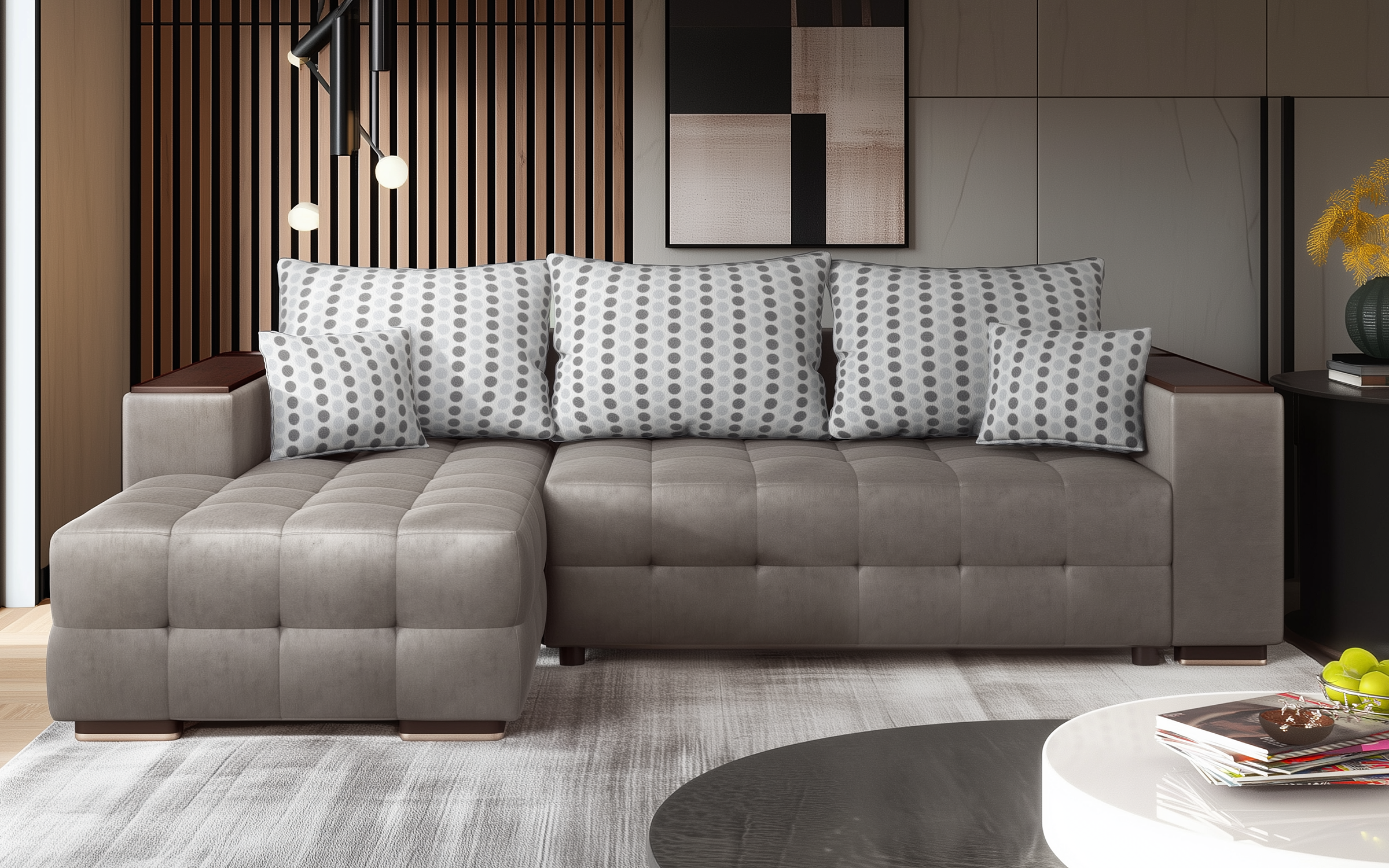 Extendable corner sofa with shelf armrest Melvin S, grey  1
