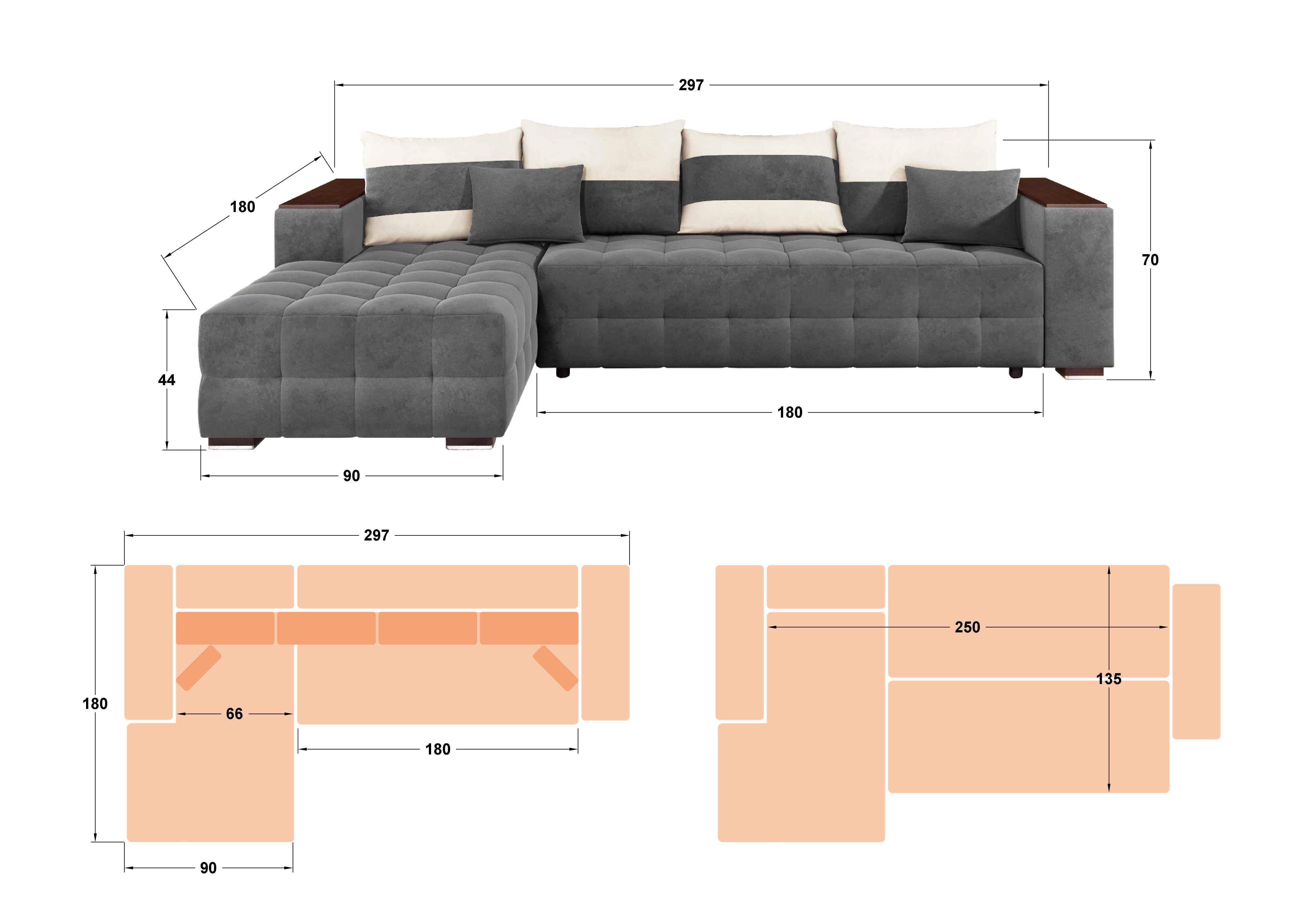 Extendable sofa Melvin with chaise + mini shelf armrest, dark beige + dark brown  2