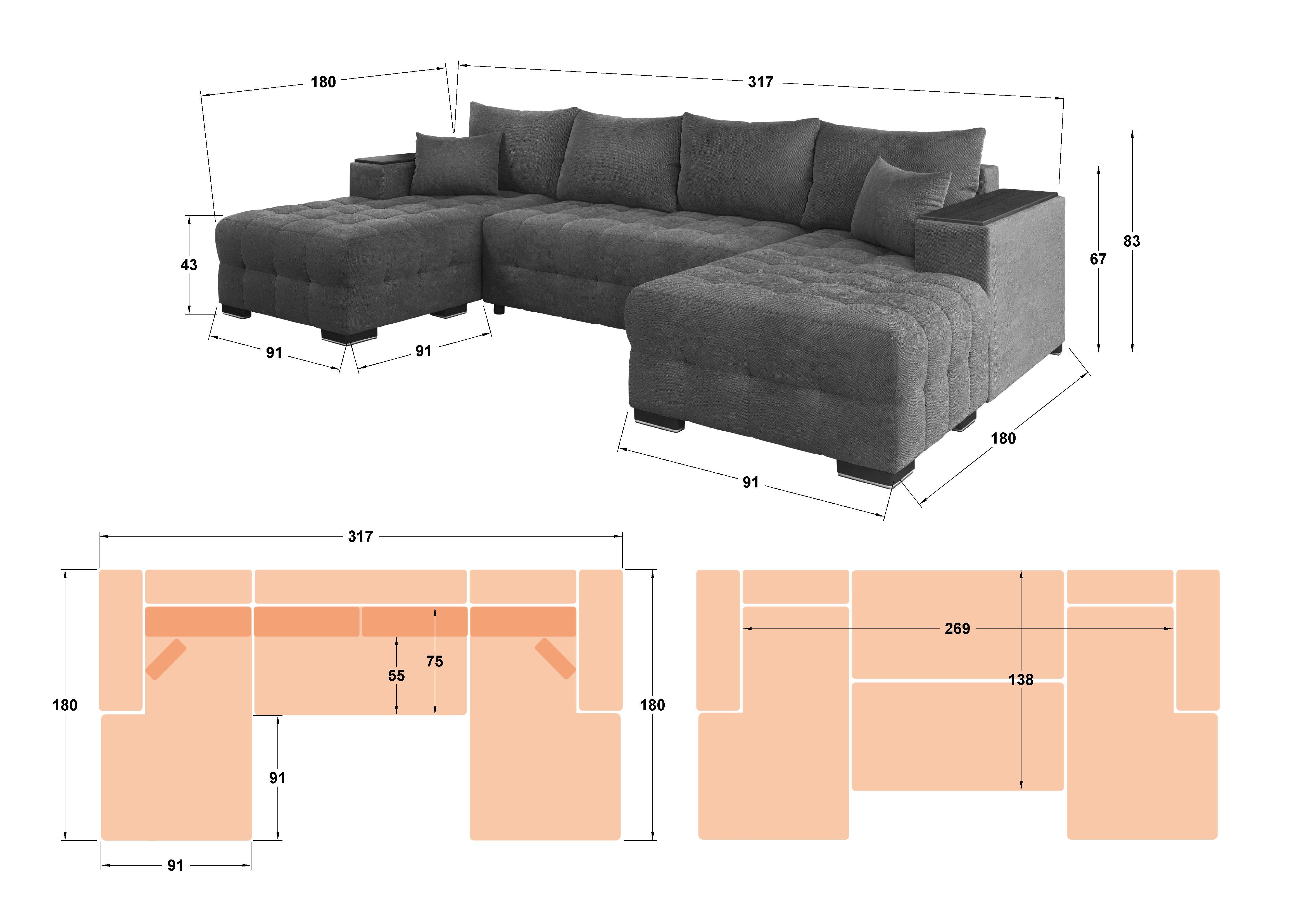 U-shaped sofa Melvin, grey  2