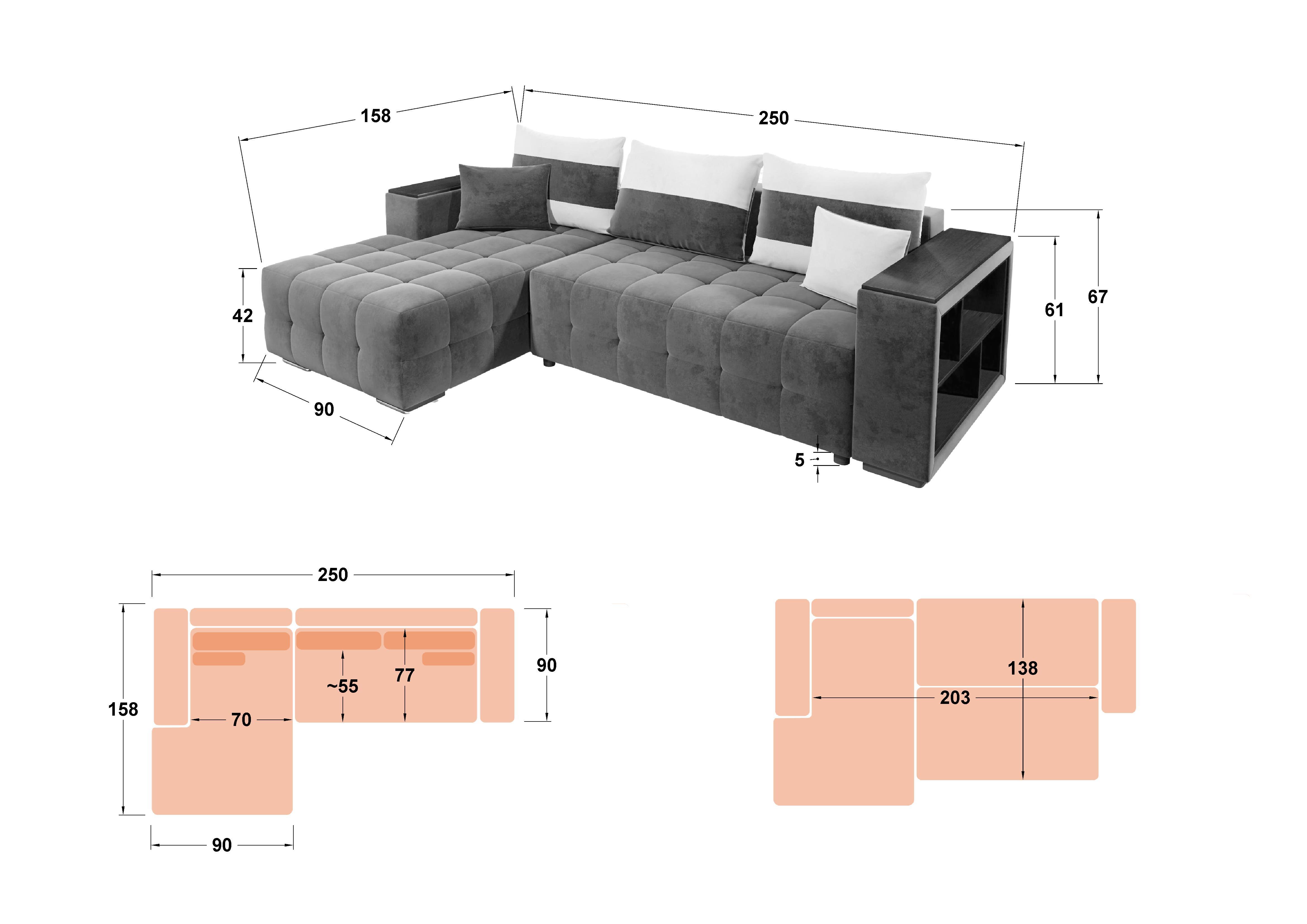 Sofa Melvin S with chaise + mini shelf armrest, grey + light beige  2