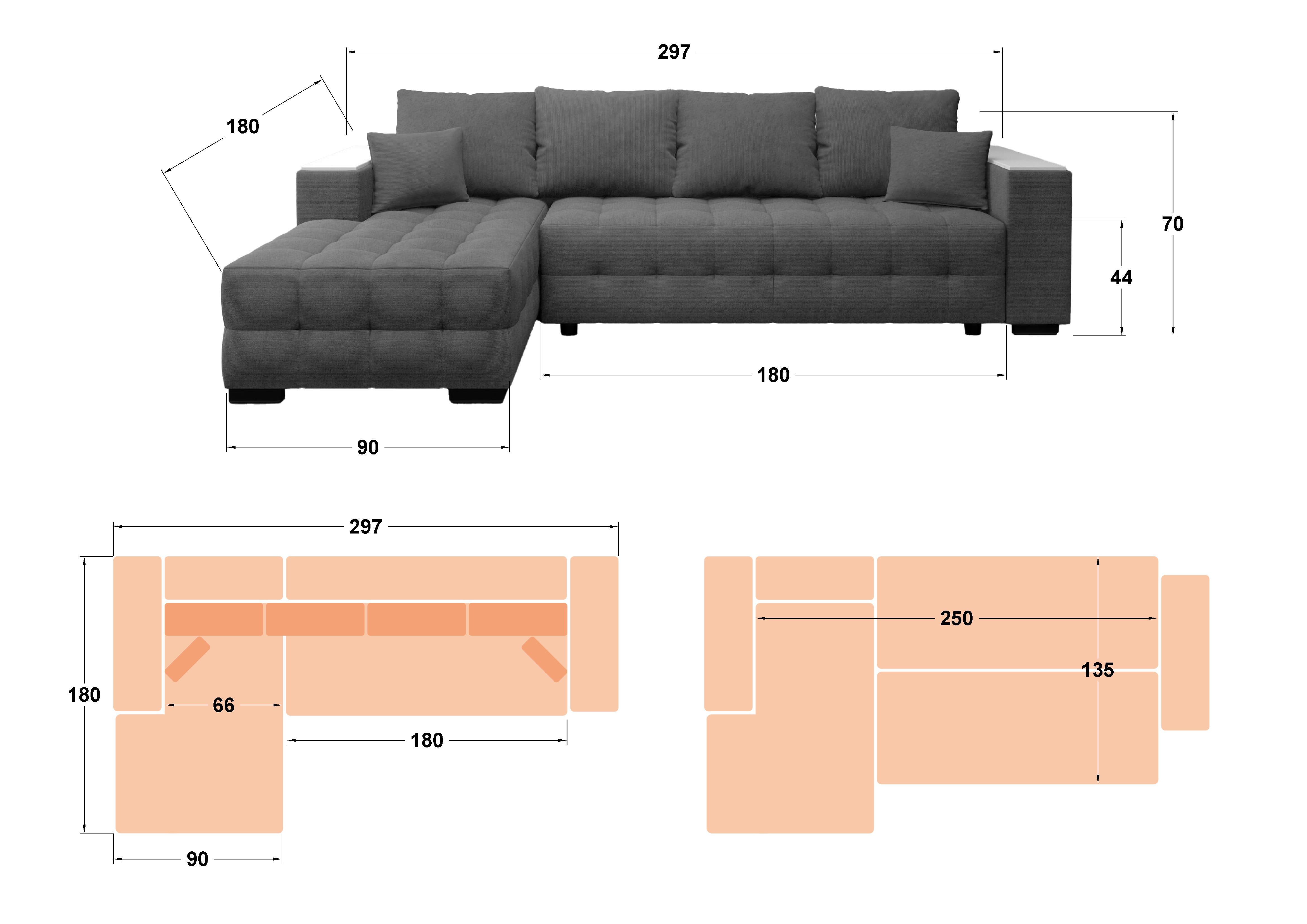 Extendable sofa Melvin Spring with chaise + mini shelf armrest, dark grey  2