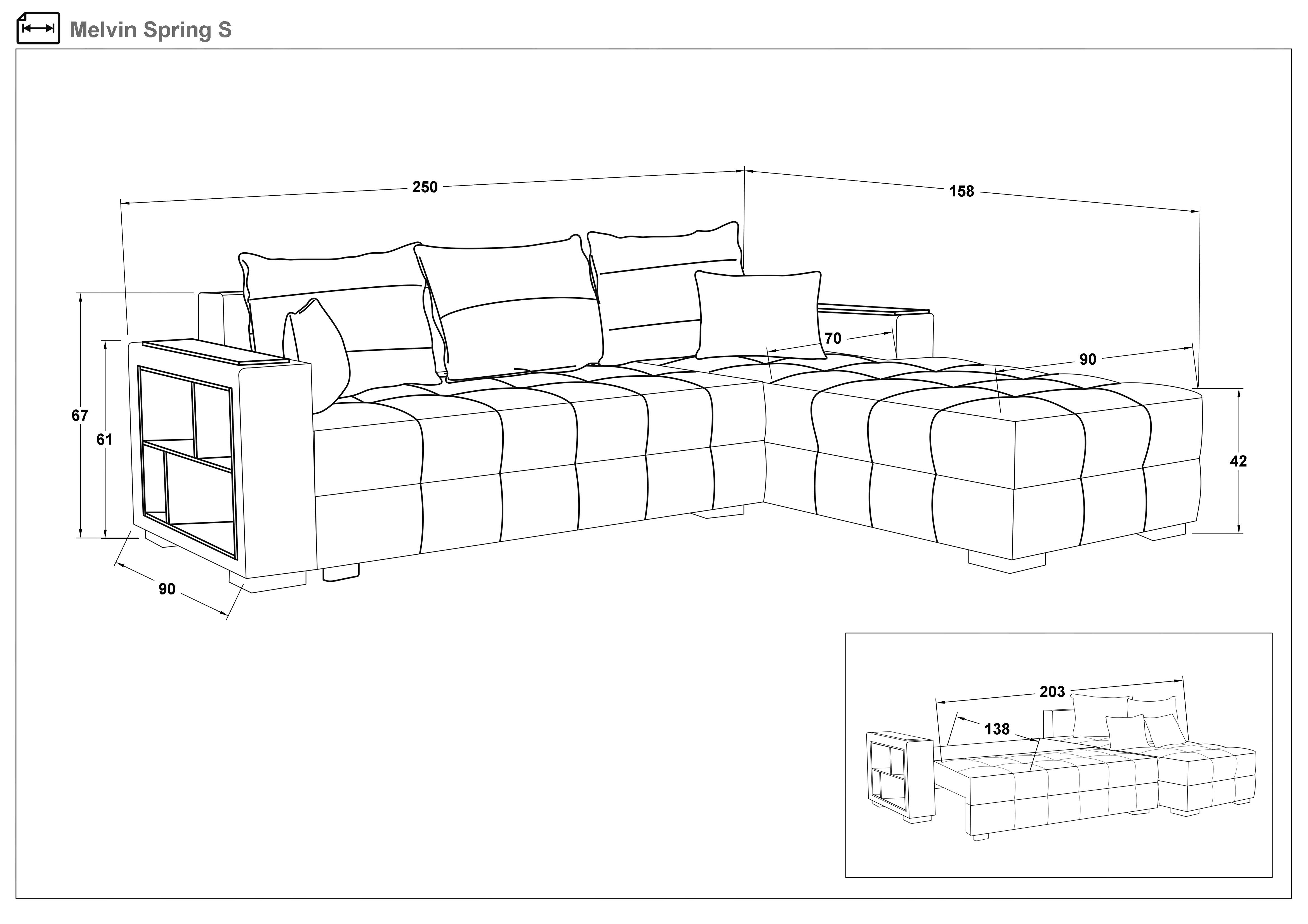 Extendable corner sofa with shelf armrest Melvin Spring S, dark grey  2