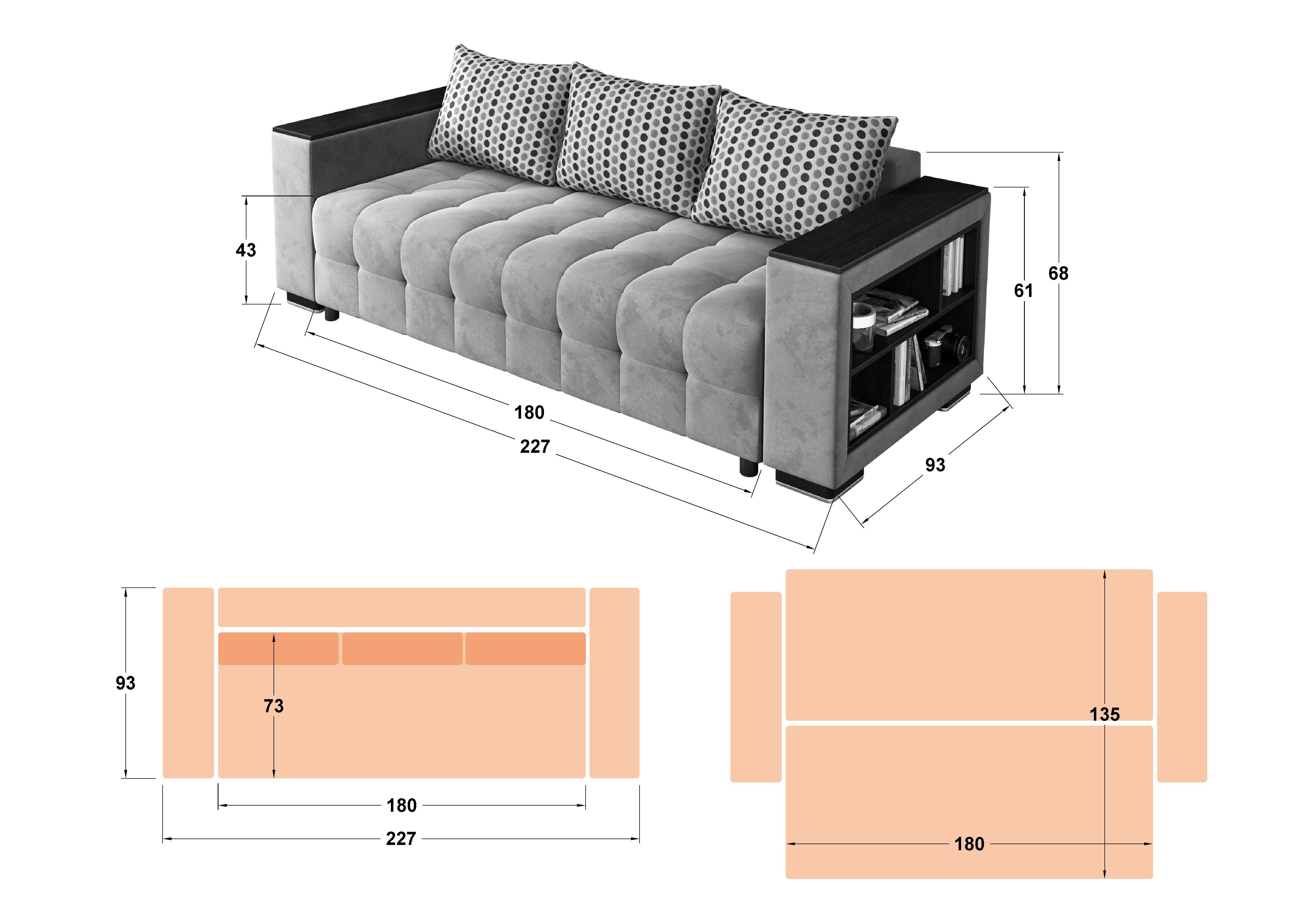 Extendable sofa with shelf armrest Melvin, dark beige  2