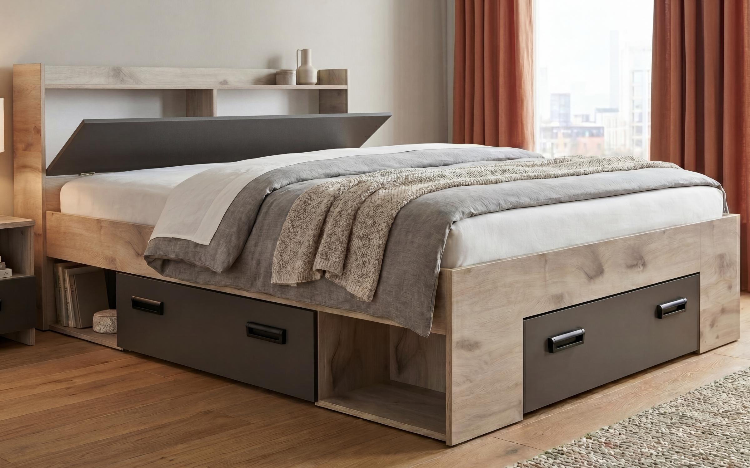 Double bed with storage chest 160/200 Mondy, light Scandinavian oak + anthracite matt  4