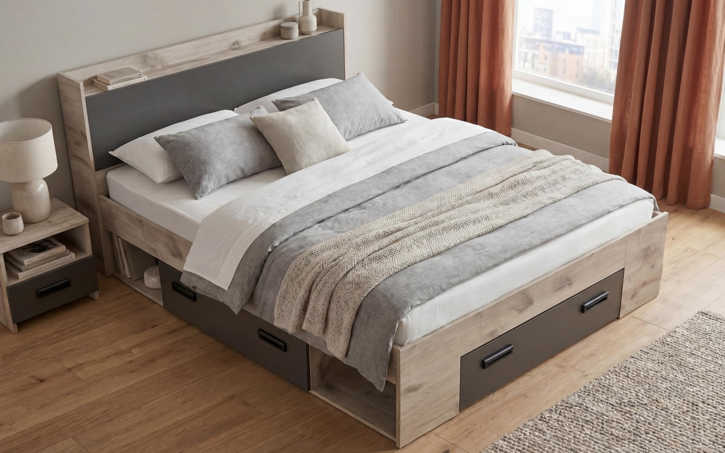 Double bed with storage chest 160/200 Mondy, light Scandinavian oak + anthracite matt  3
