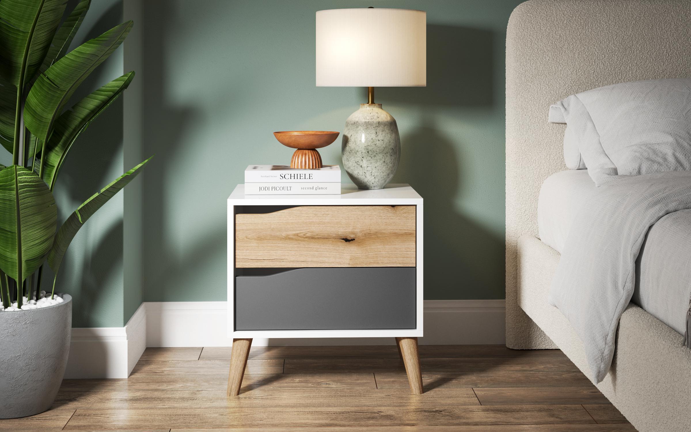 Nightstand Lars C, white gloss + Evoke oak + anthracite matt  1