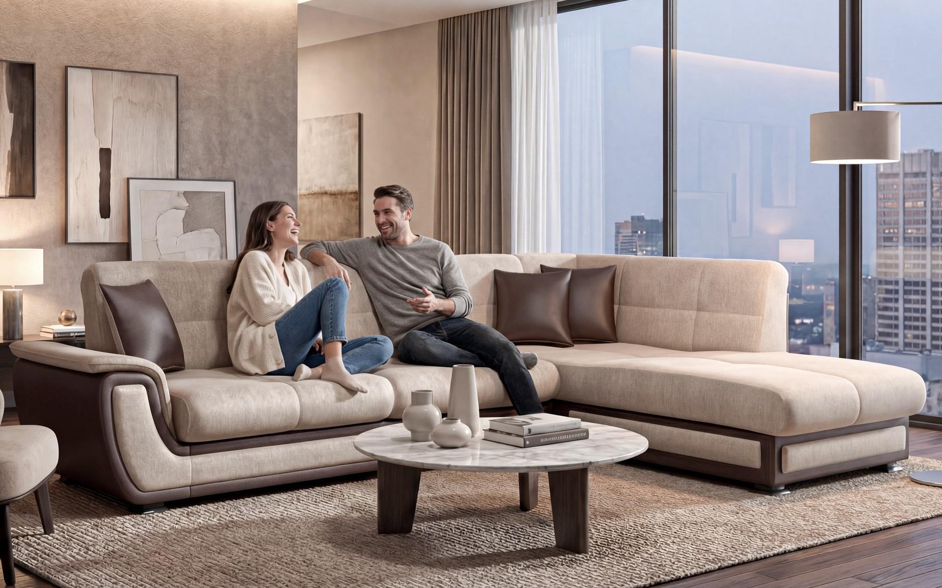 Extendable corner sofa + click-clack mechanism Princess ΙΙ, dark beige + brown leather  8