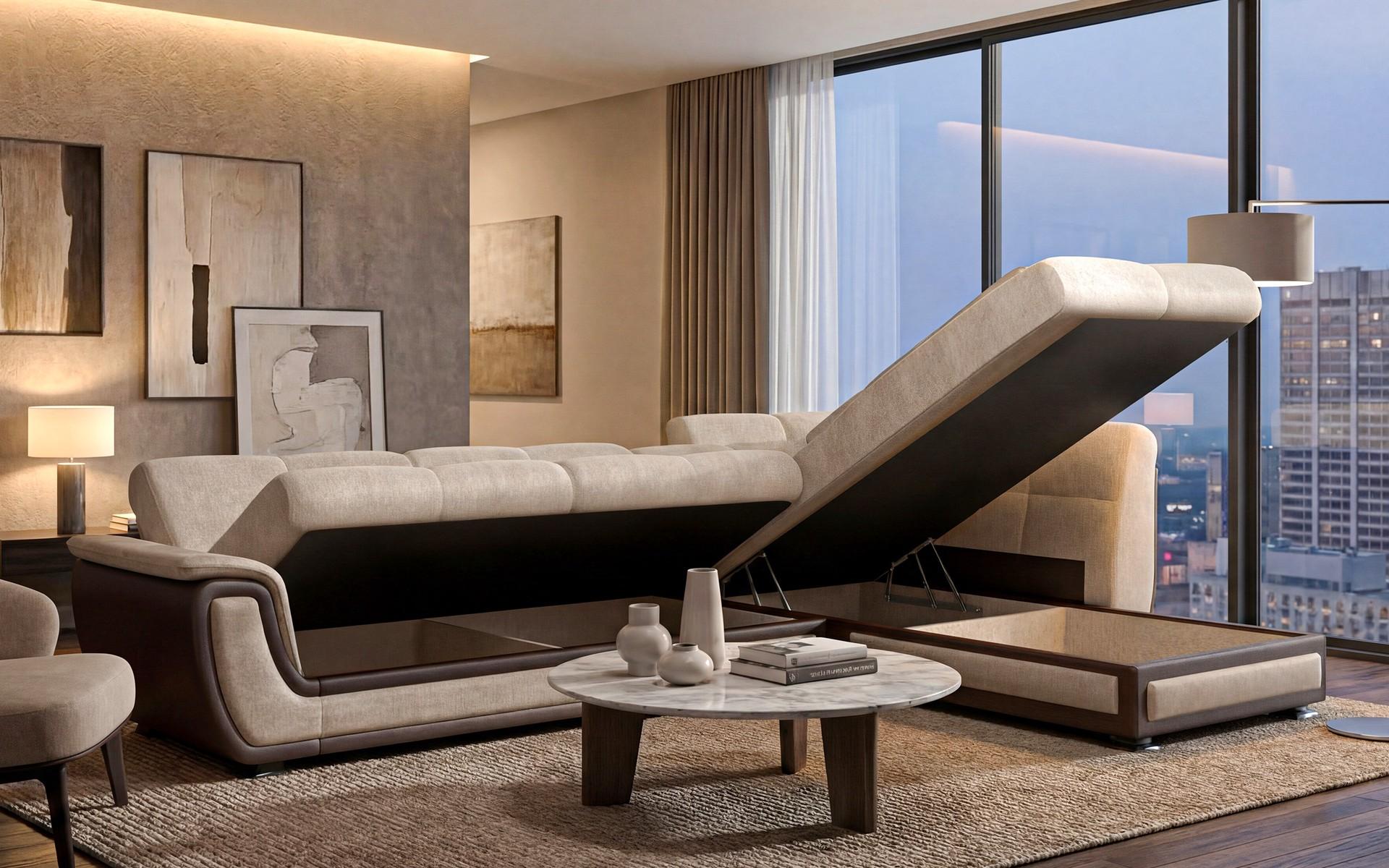 Extendable corner sofa + click-clack mechanism Princess ΙΙ, dark beige + brown leather  5