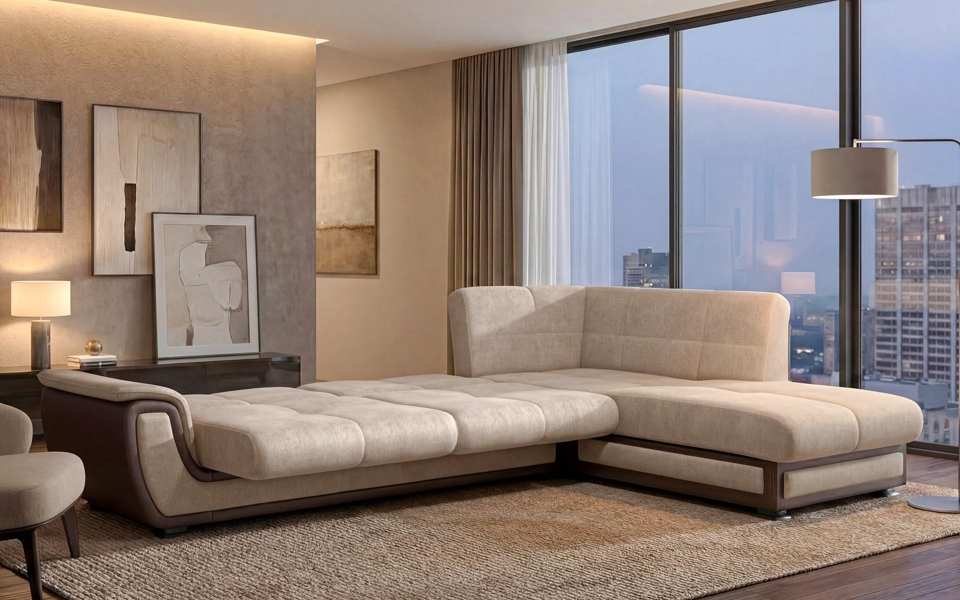 Extendable corner sofa + click-clack mechanism Princess ΙΙ, dark beige + brown leather  4