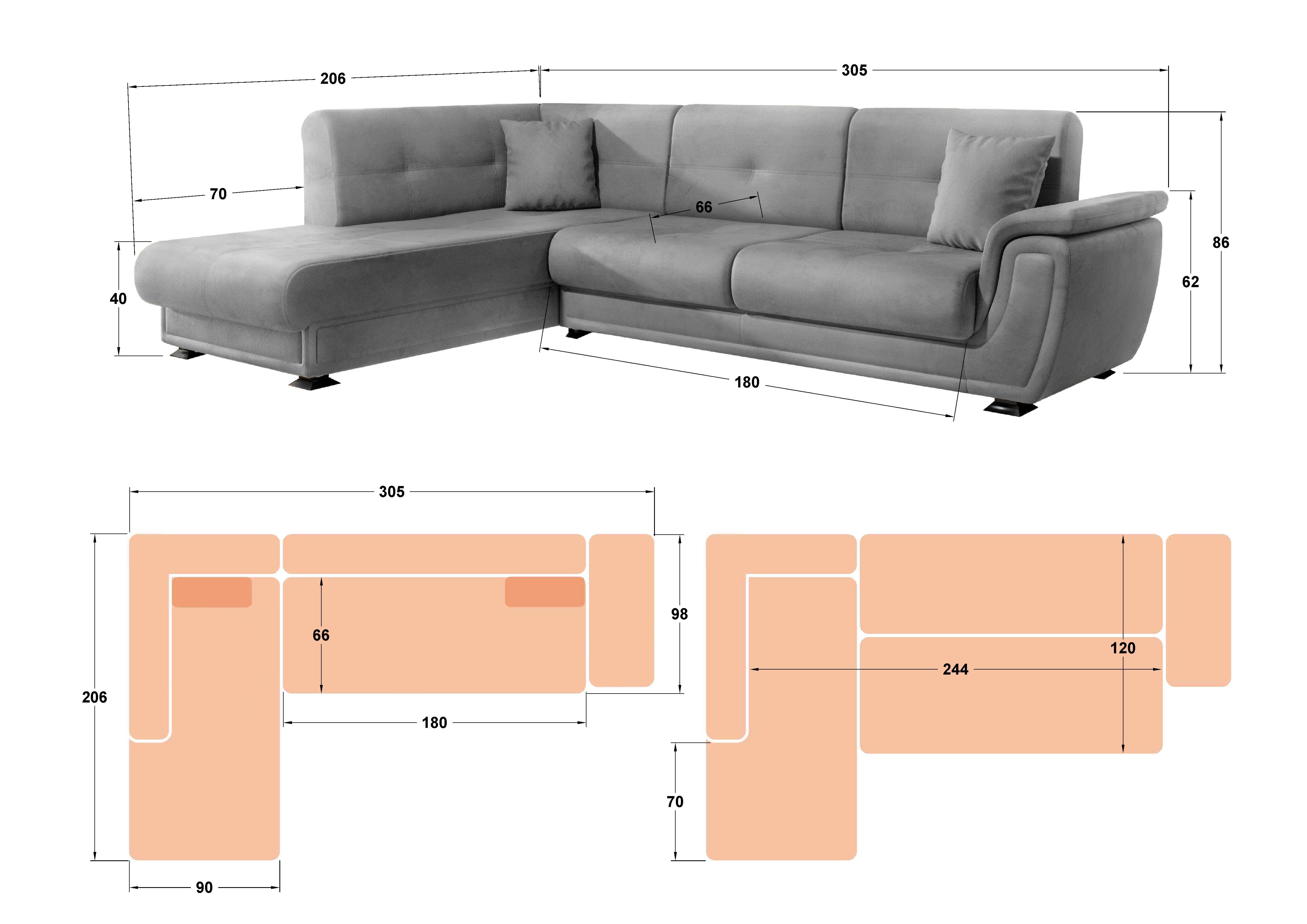 Extendable sofa Princess II + click-clack mechanism, black  2