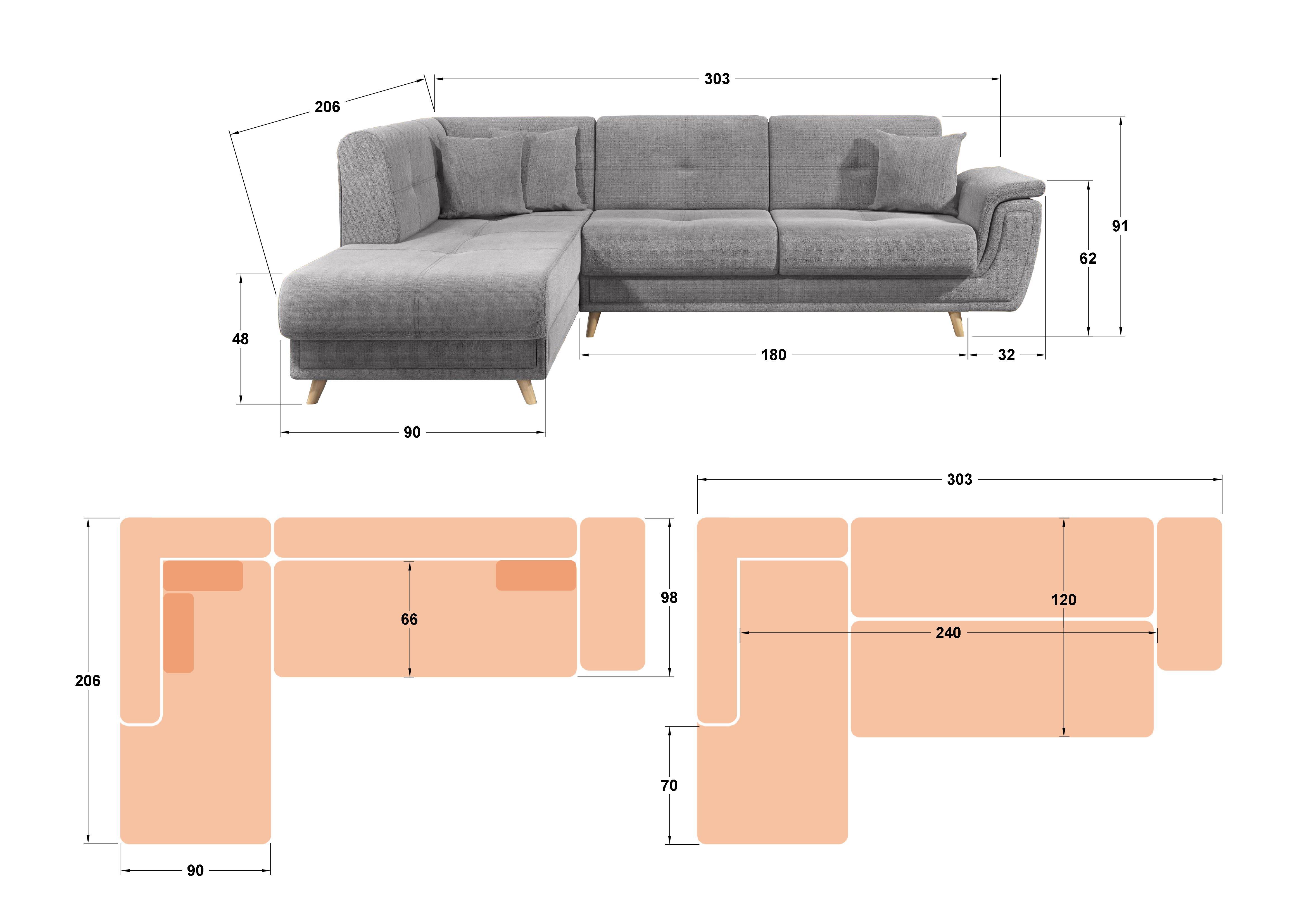 Extendable corner sofa + click-clack mechanism Princess Premium, light grey  2