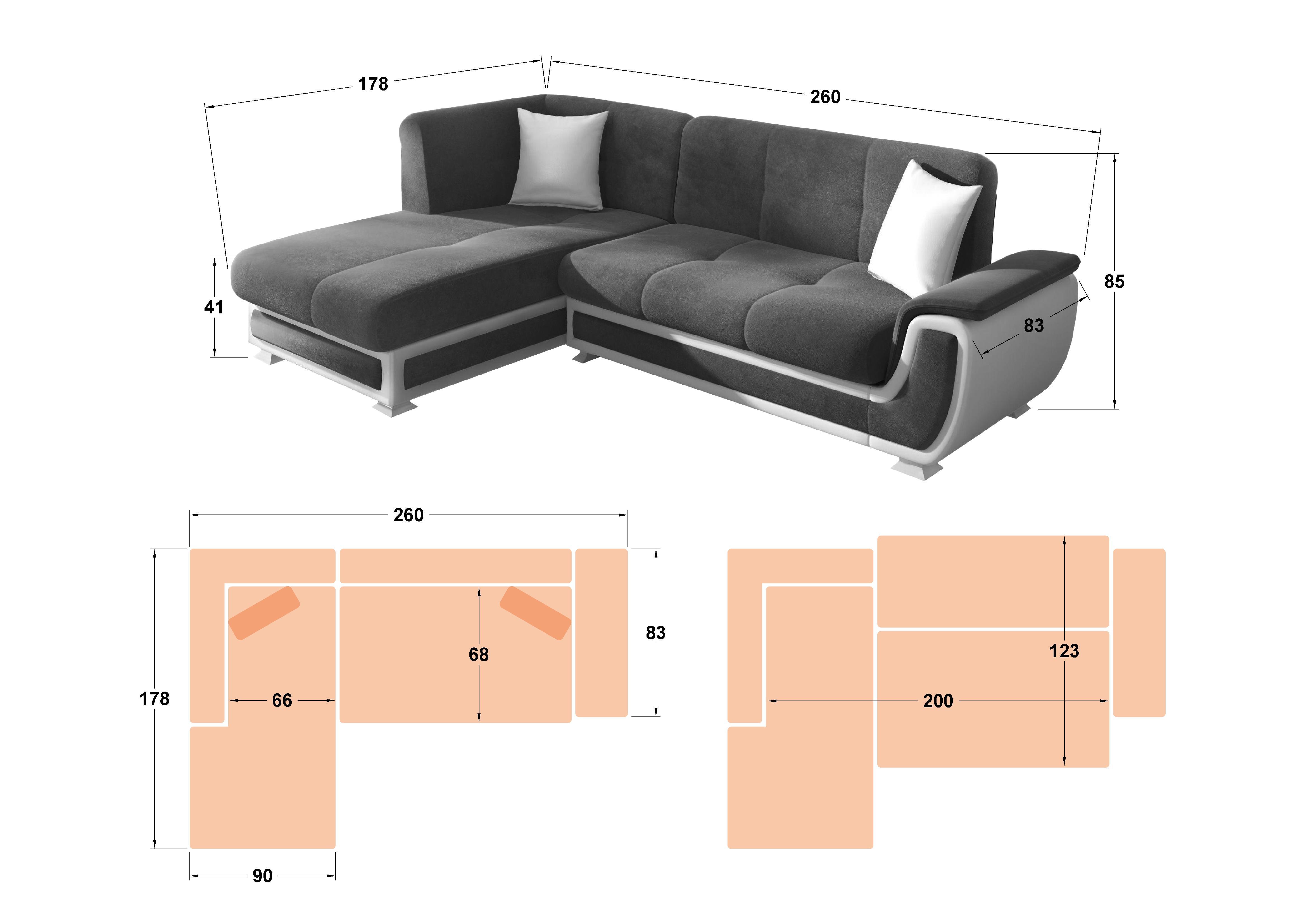 Extendable corner sofa + click-clack mechanism Princess II S, grey + white leather  2