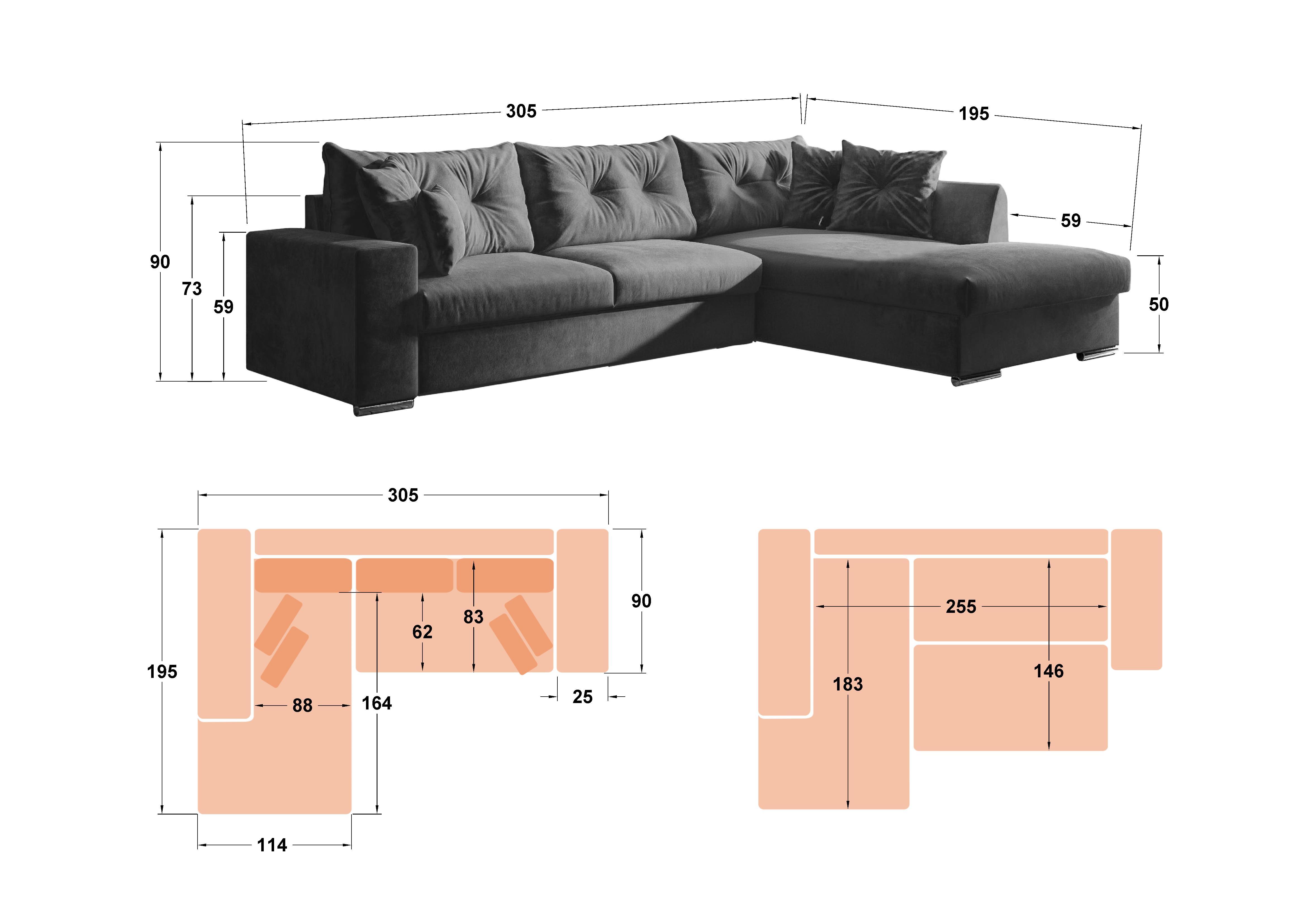 Extendable corner sofa Rome, dark grey  2