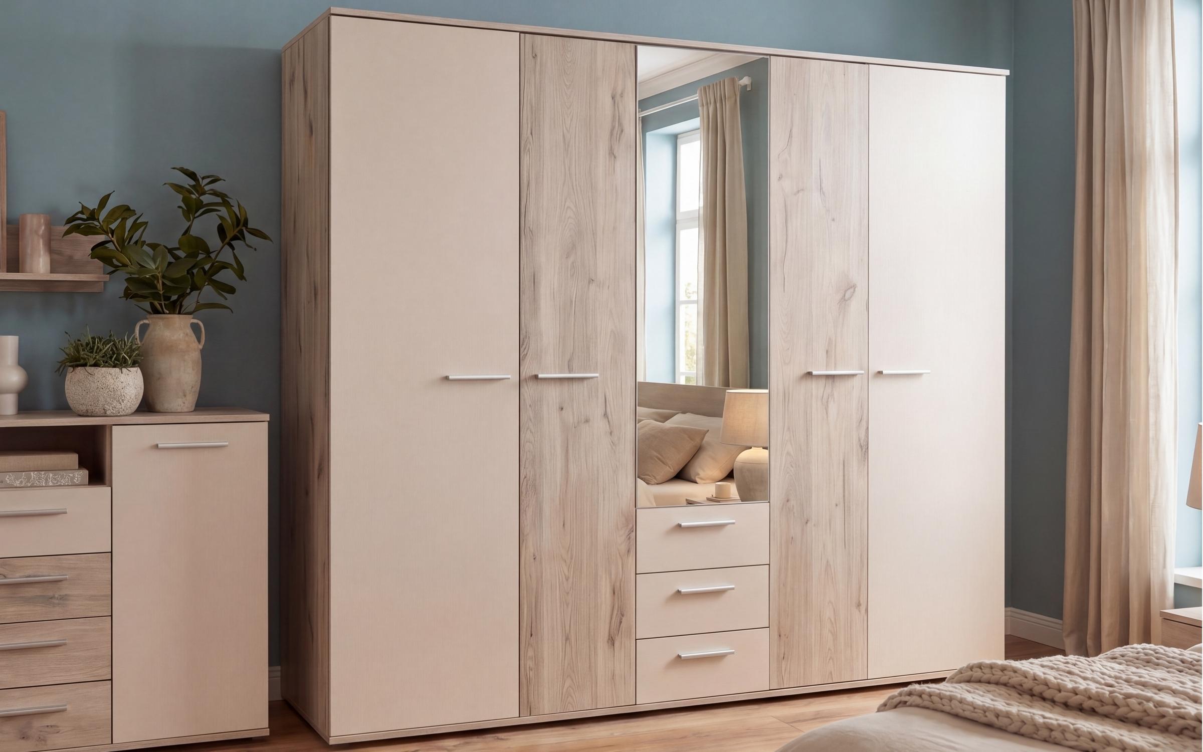 Bedroom furniture set 160/200 Christiana + mattress, light Scandinavian oak + pearl  5