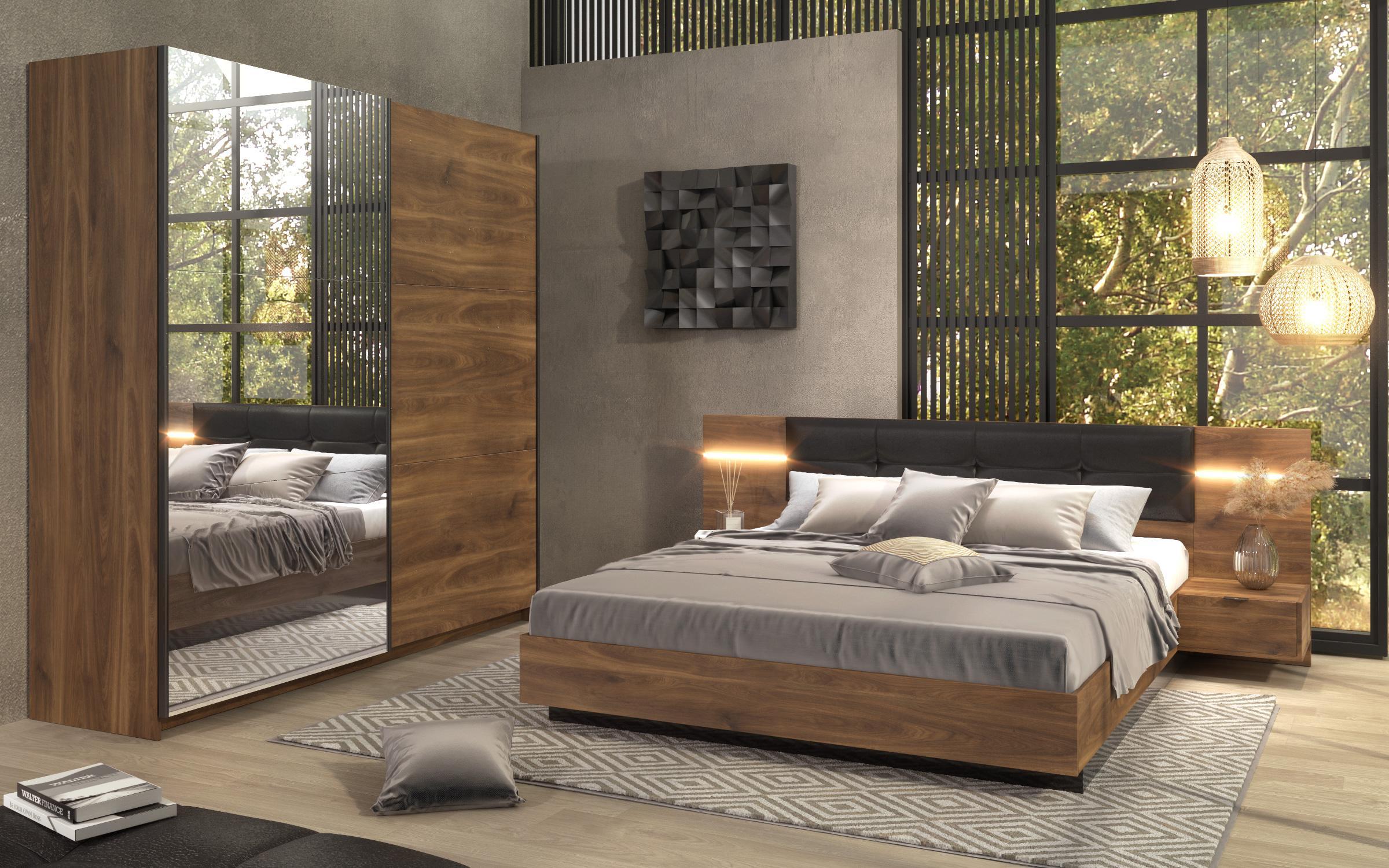 Double bed for mattress 160/200 + LED Alinor Sense, Cognac oak + black gloss  3