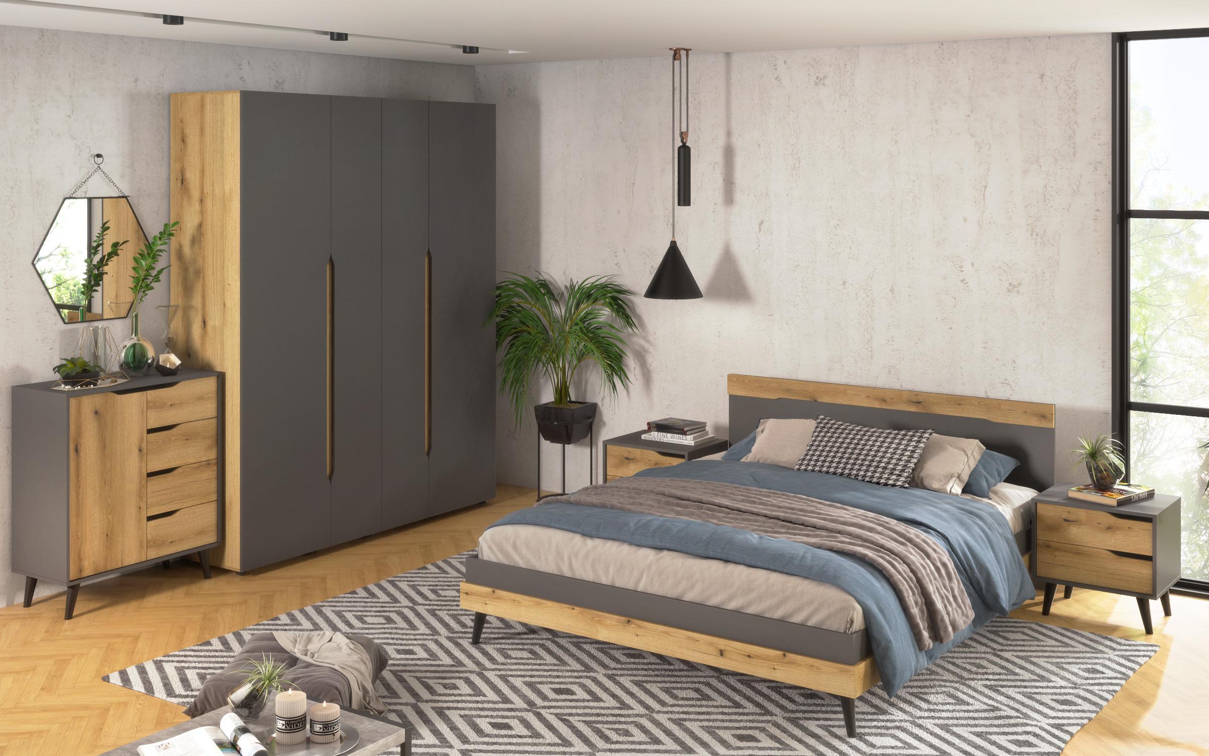 Bedroom furniture set for mattress 160/200 Murphy, anthracite matt + Evoke oak  7