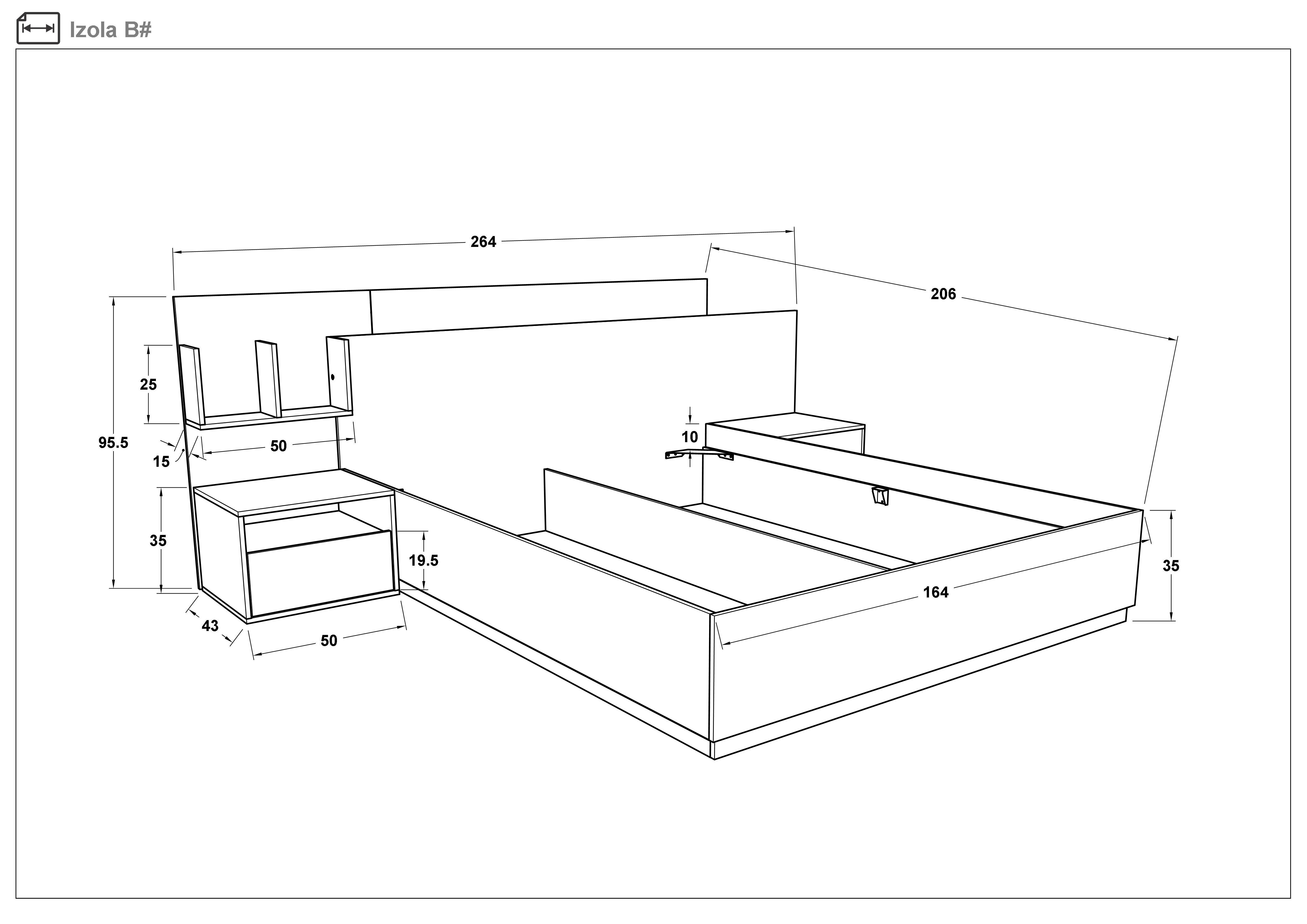 Double bed + 2 nightstands for mattress 160/200 Isola, Evoke oak + Magma  2