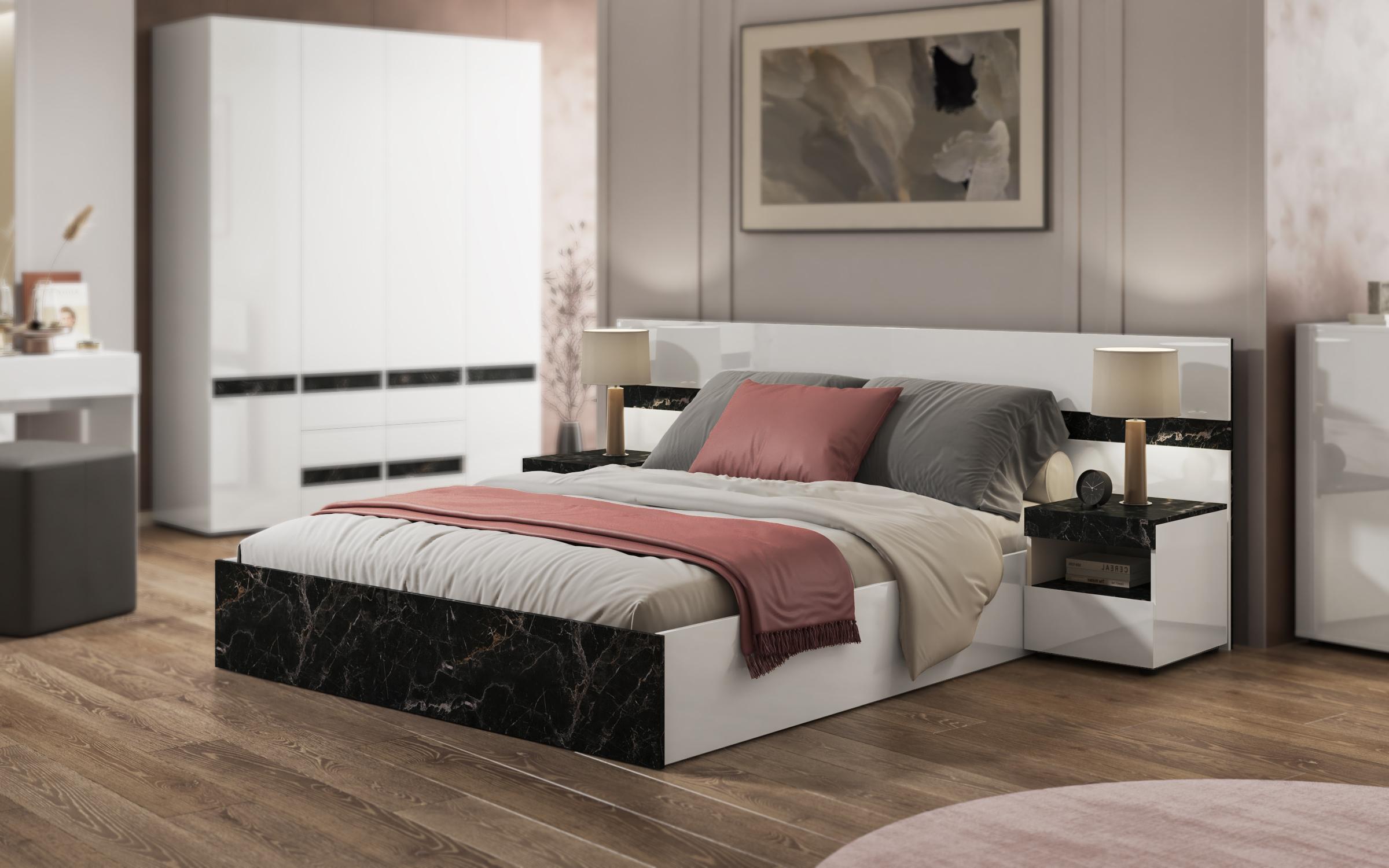 Double bed Kalira, white gloss + Tunisia marble  1