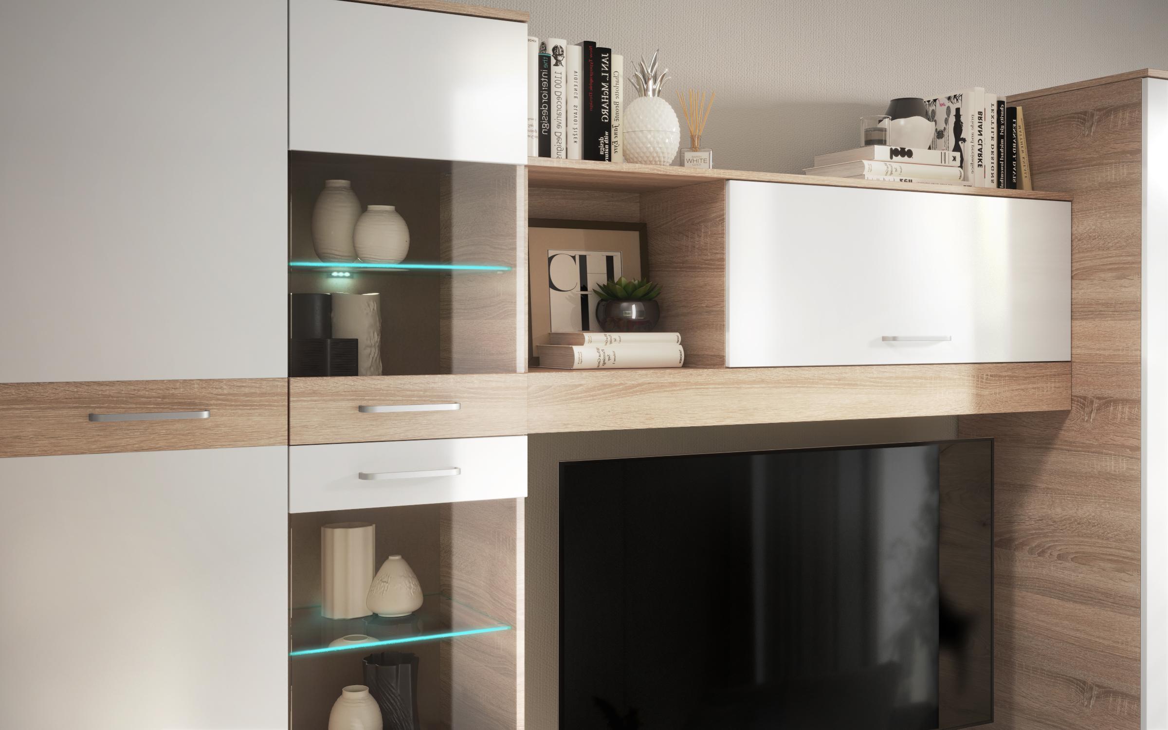 Стенка + LED-подсветка Капри, дуб сонома + белый глянец  5