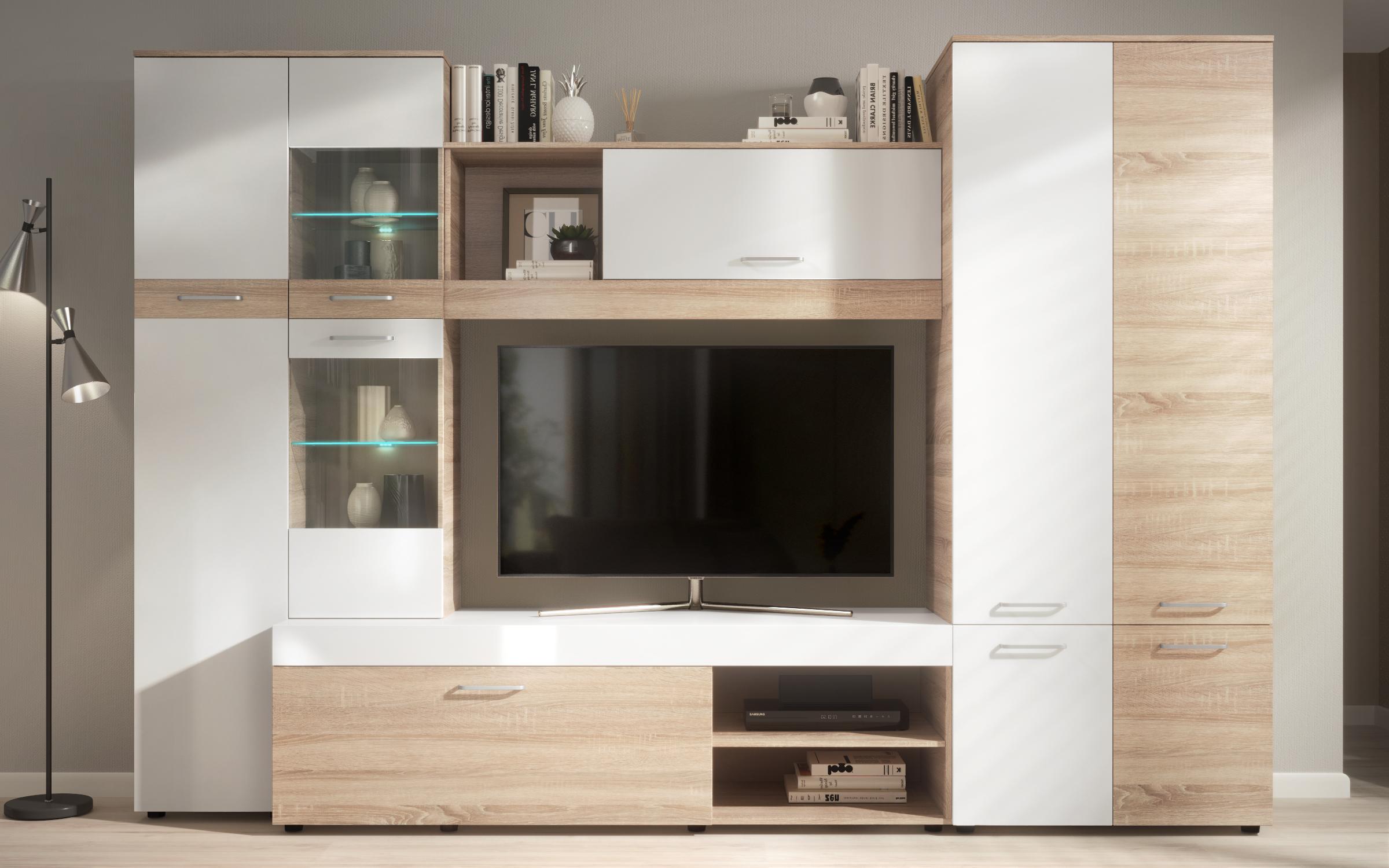Стенка + LED-подсветка Капри, дуб сонома + белый глянец  3