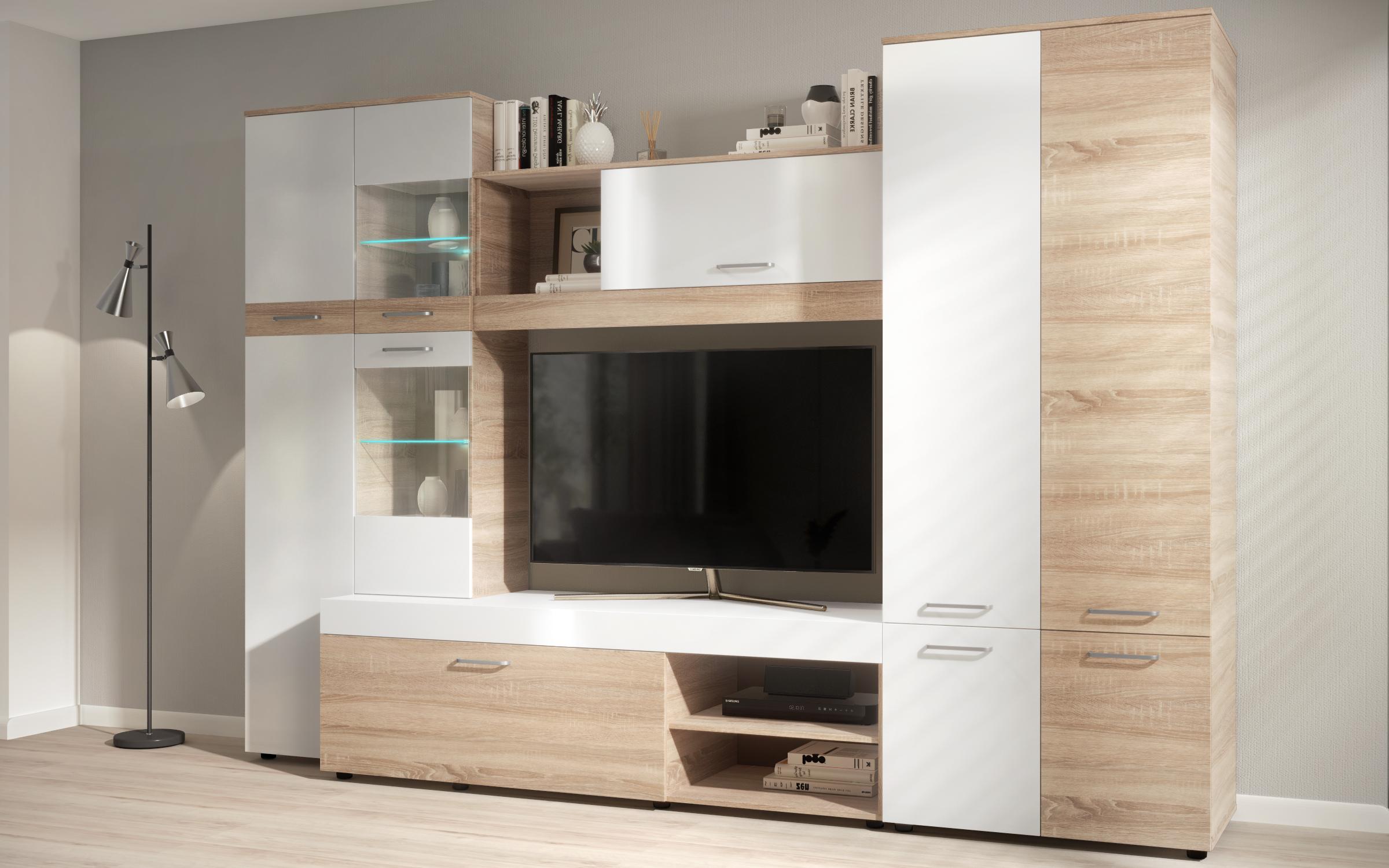 Стенка + LED-подсветка Капри, дуб сонома + белый глянец  4
