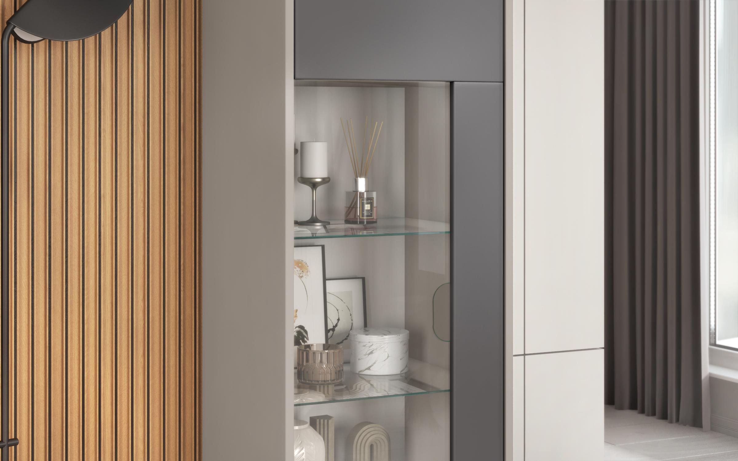 Showcase cabinet Pierre L + MDF, sand matt + graphite  4
