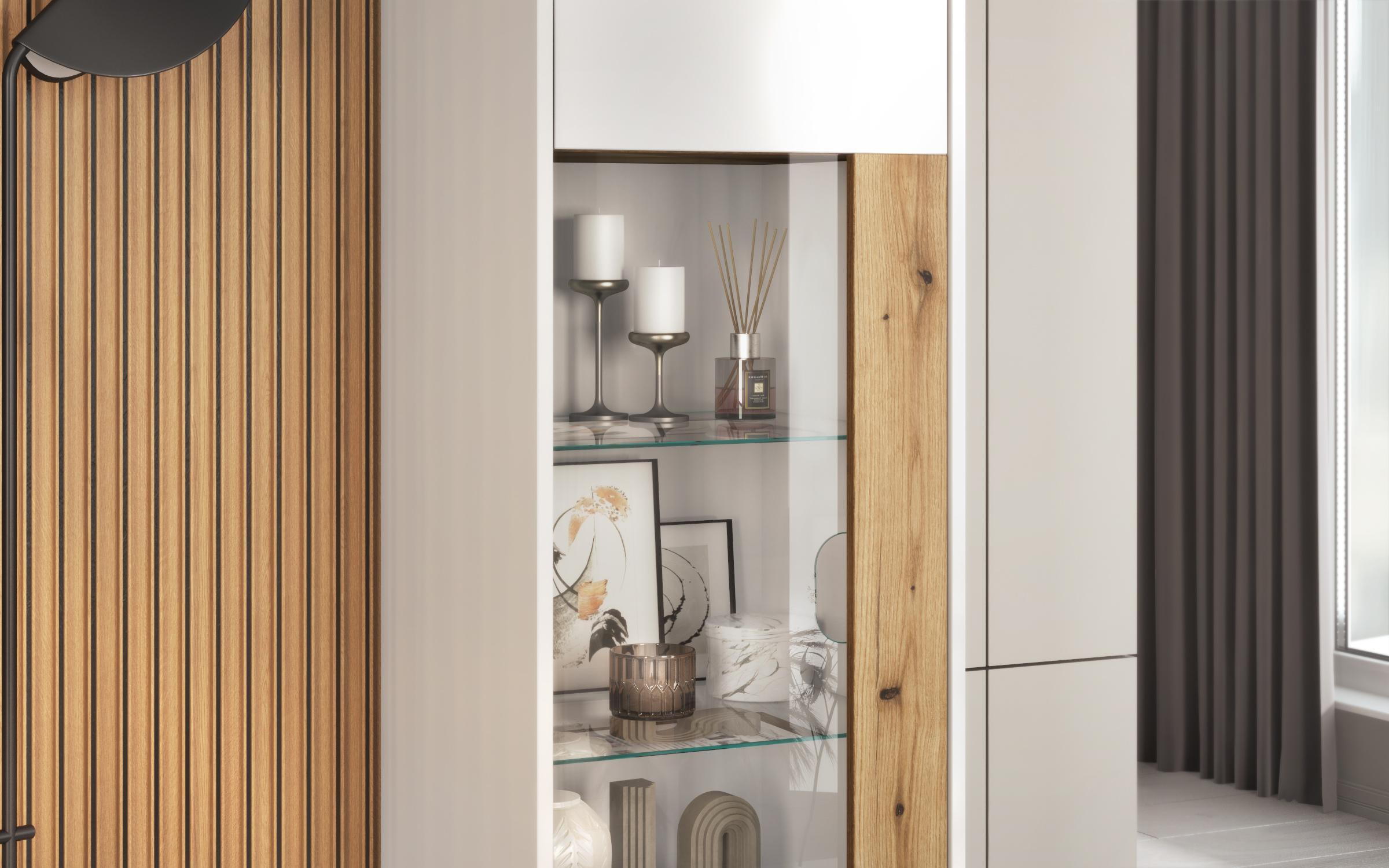 Showcase cabinet Pierre L, white gloss + Evoke oak  4