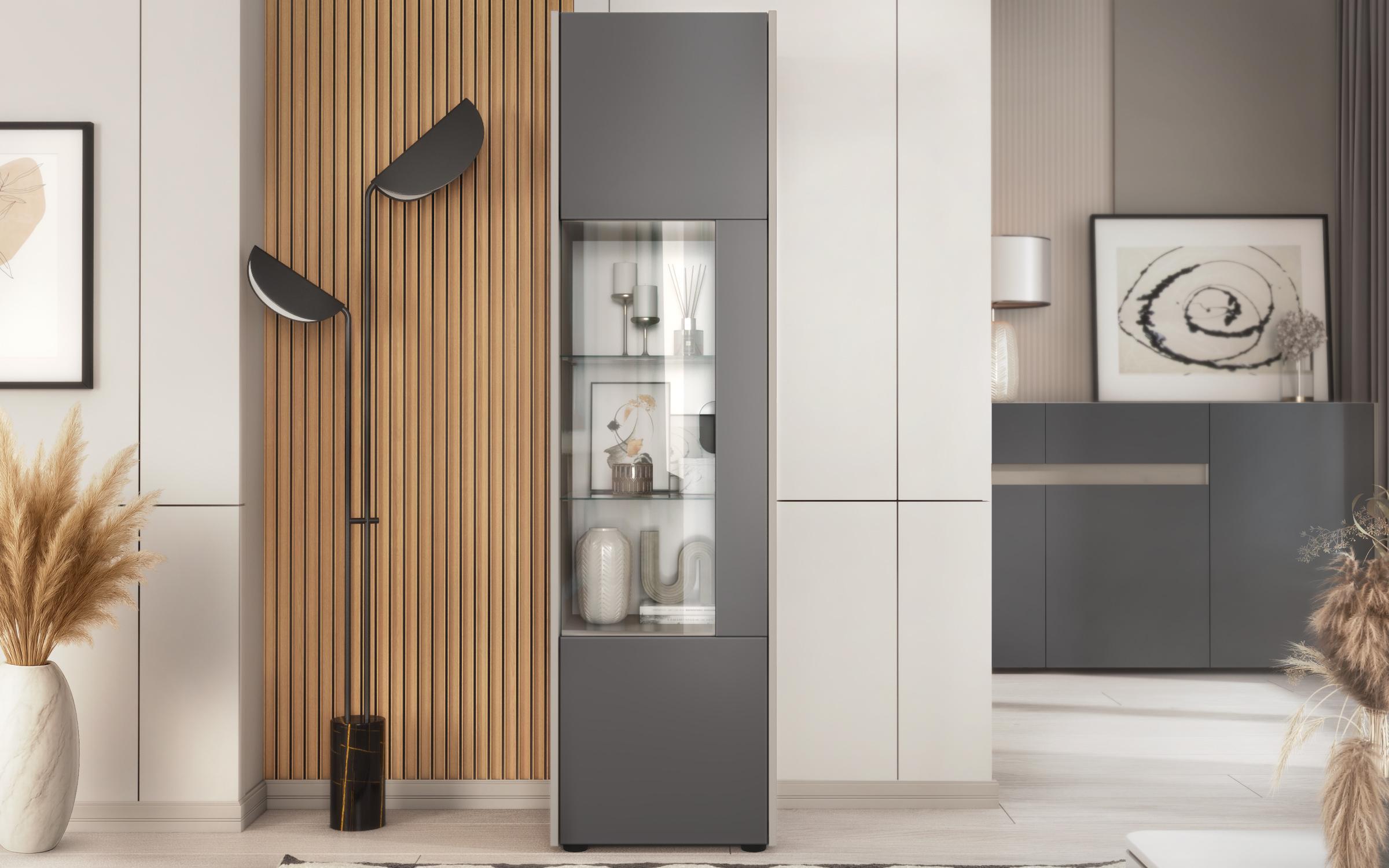 Showcase cabinet Pierre L + MDF, sand matt + graphite  3