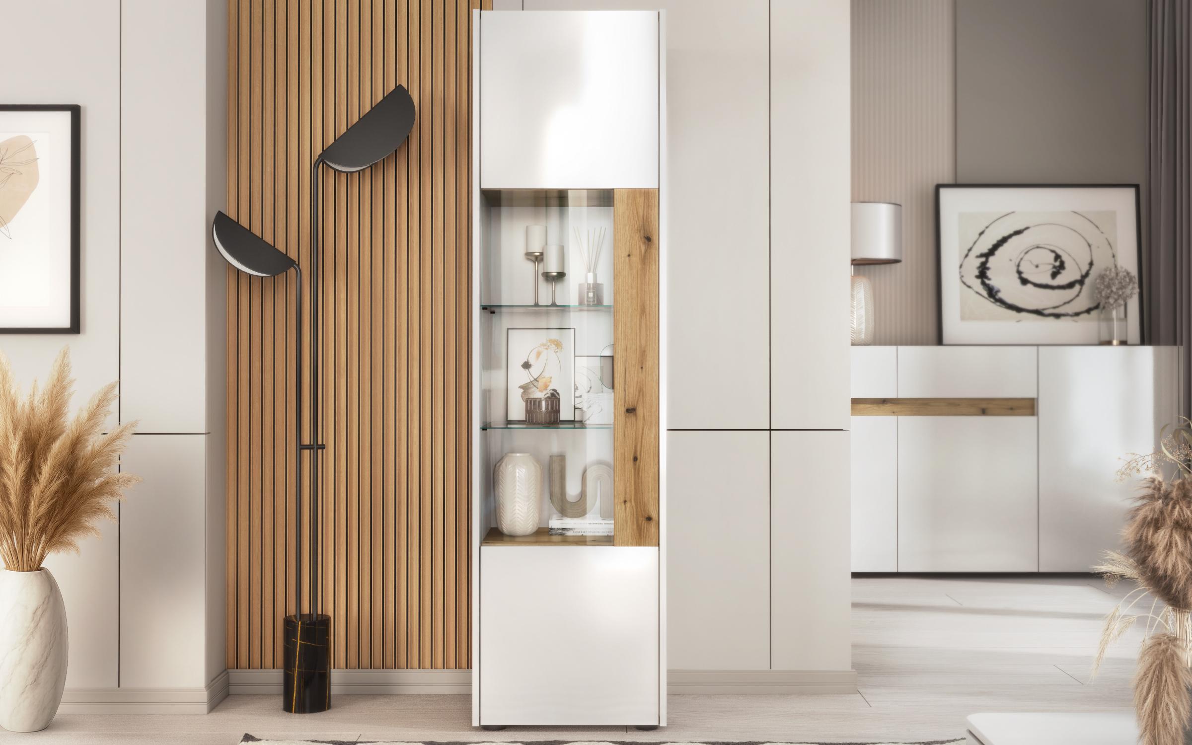 Showcase cabinet Pierre L, white gloss + Evoke oak  3