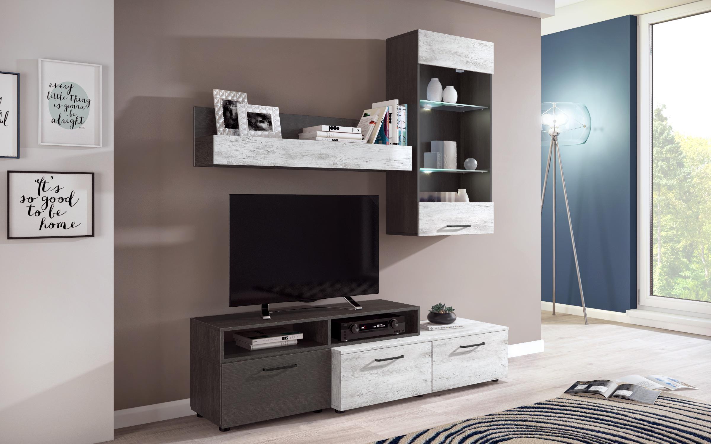 Стенка + LED-подсветка Шелли, дуб античный + дуб антрацит  1