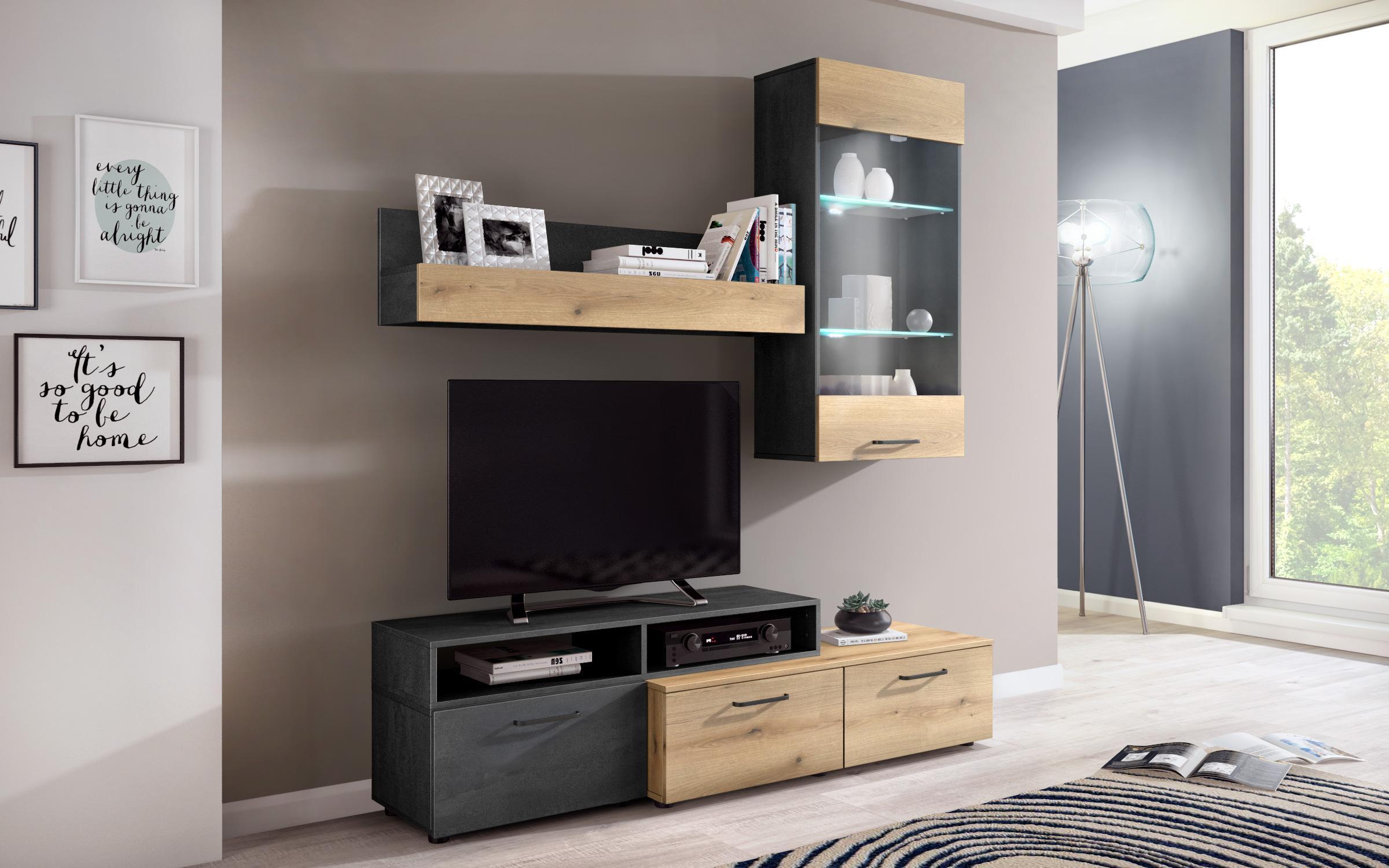 Стенка + LED-подсветка Шелли, дуб эвок + Magma  1