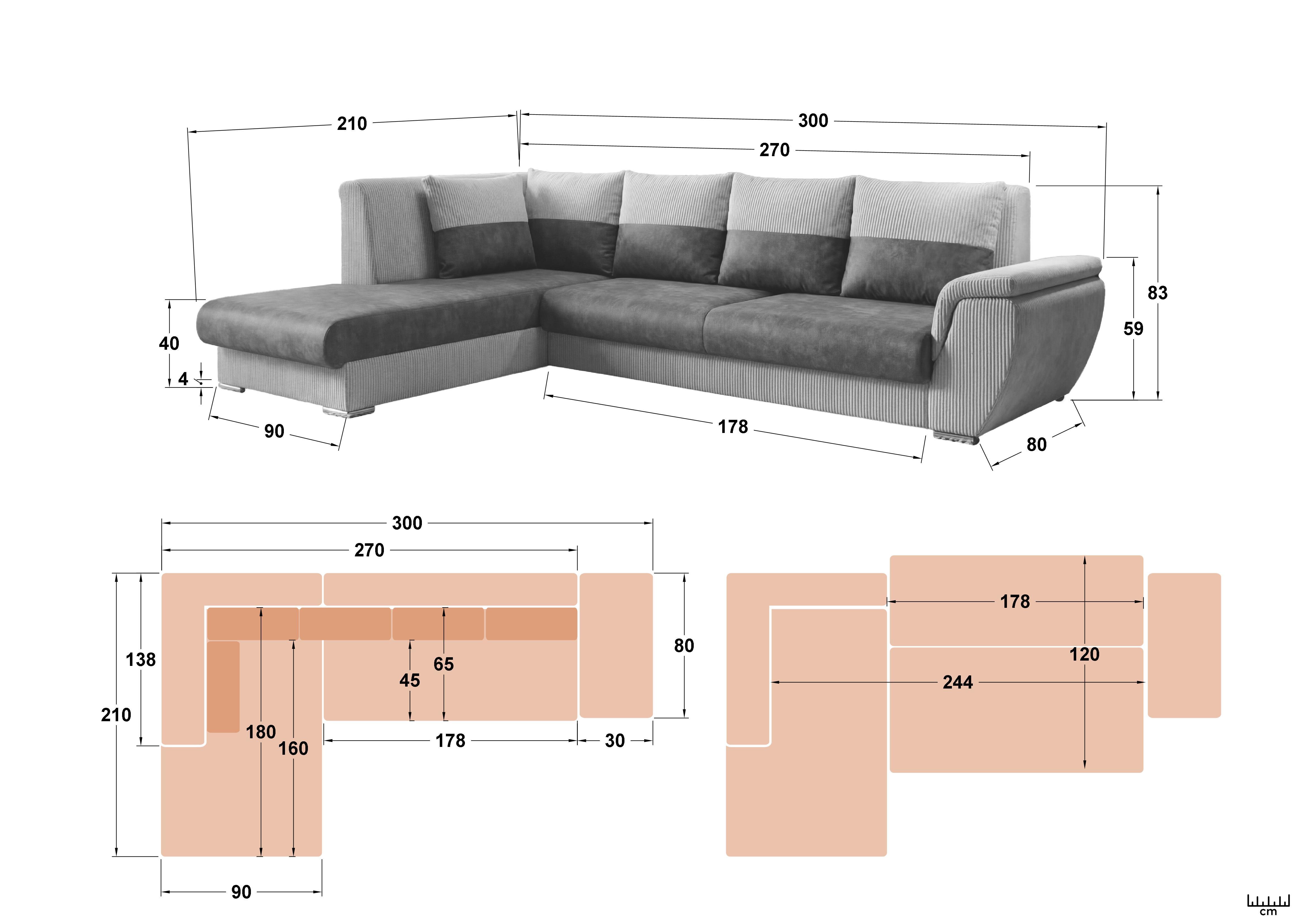 Extendable corner sofa + click-clack mechanism Sorento, dark grey + dark beige  2