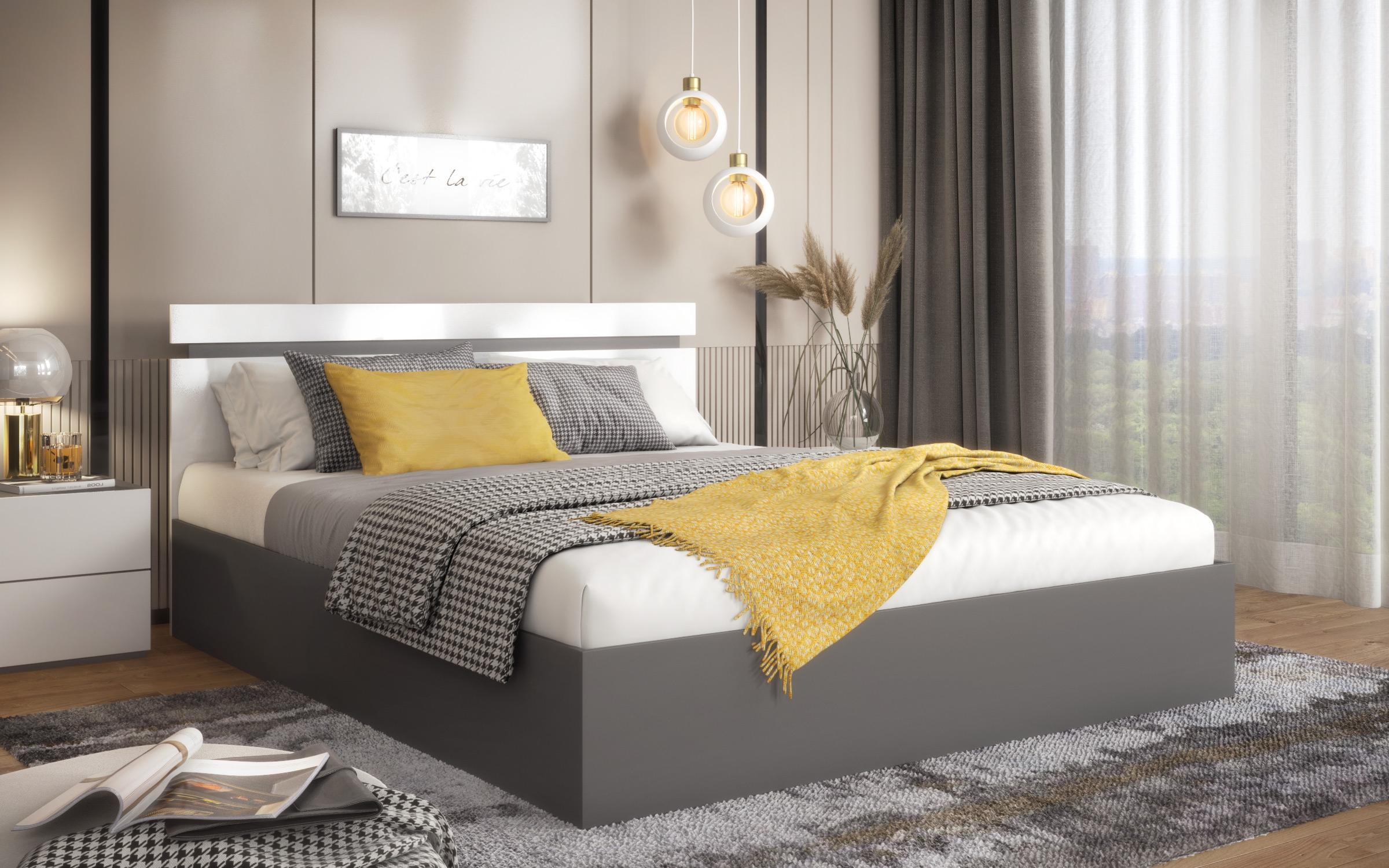 Double bed for mattress 160/200 Raya, anthracite matt + white gloss  1