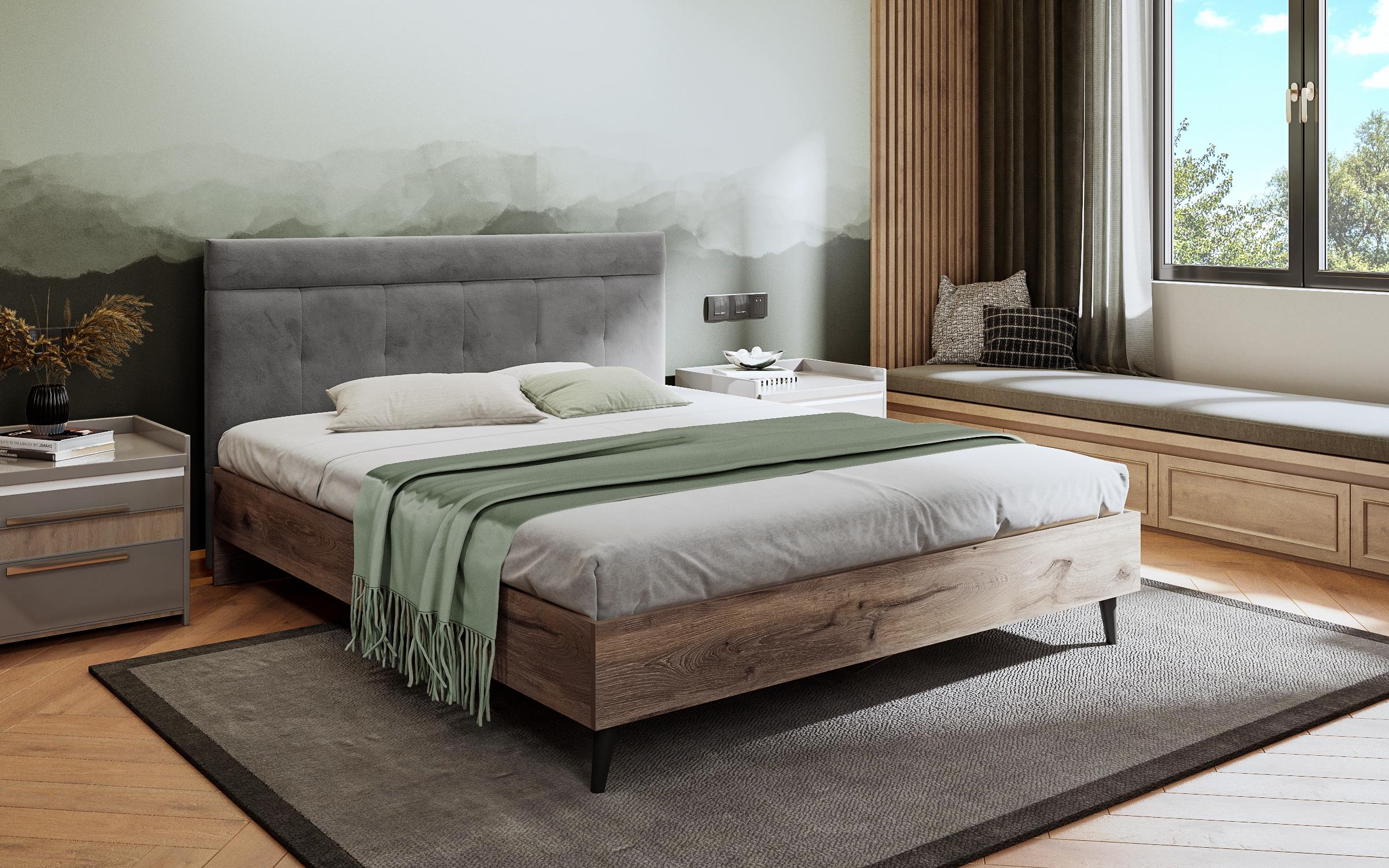 Double bed Petra 2 for mattress 160/200, dark Scandinavian oak + grey  1