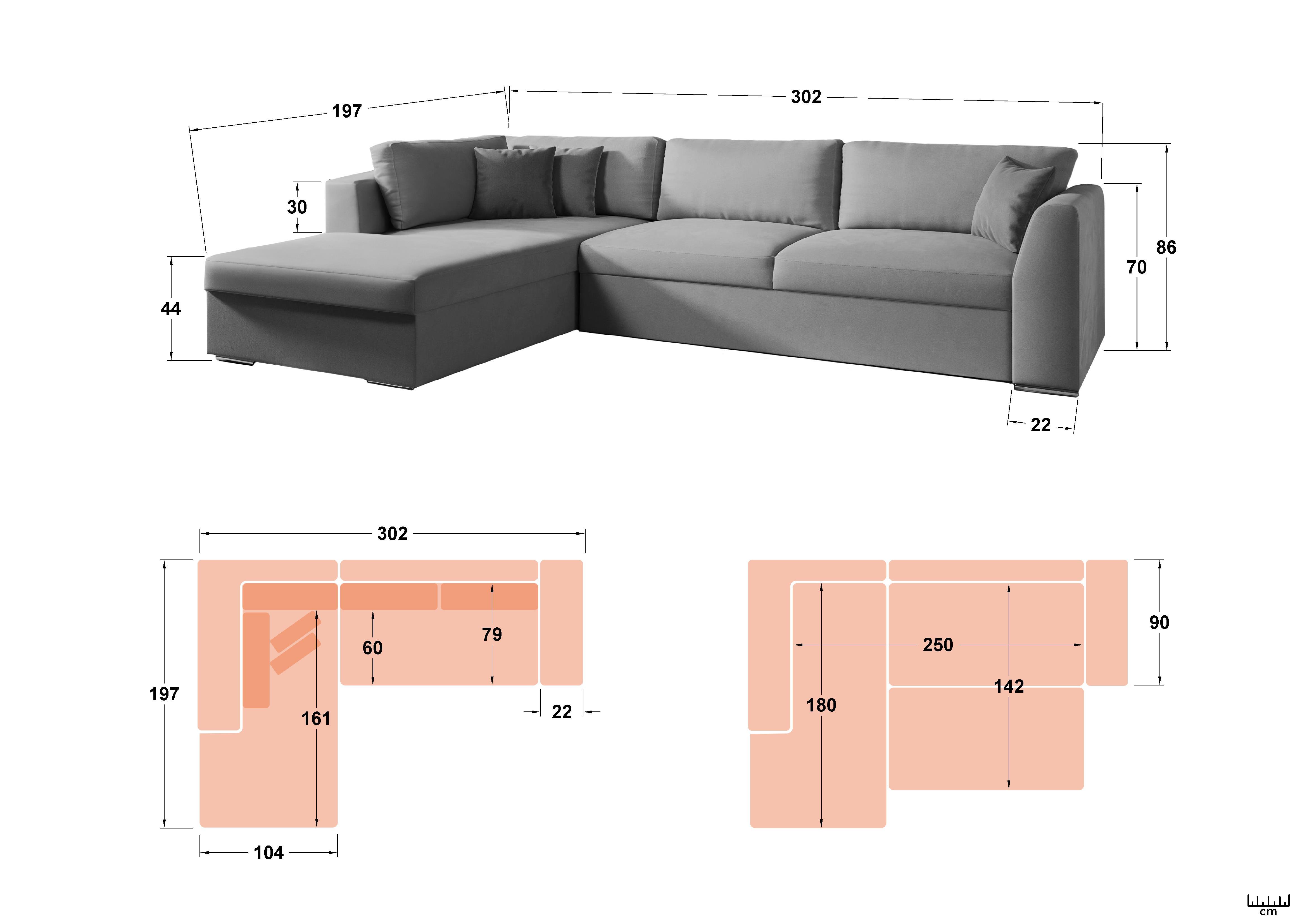 Extendable corner sofa Toscana, turquoise + light grey  2