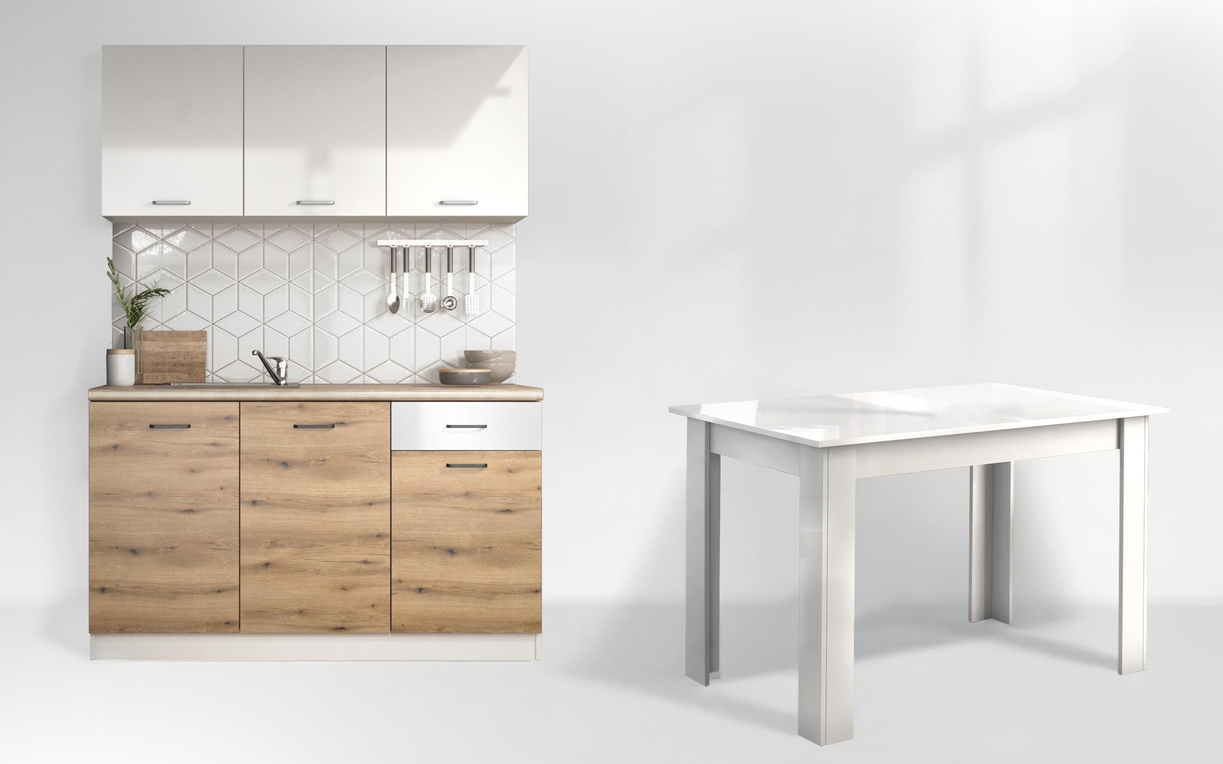 Kitchen set Kitchen Lora 5 + dining table, white gloss + Evoke oak  2