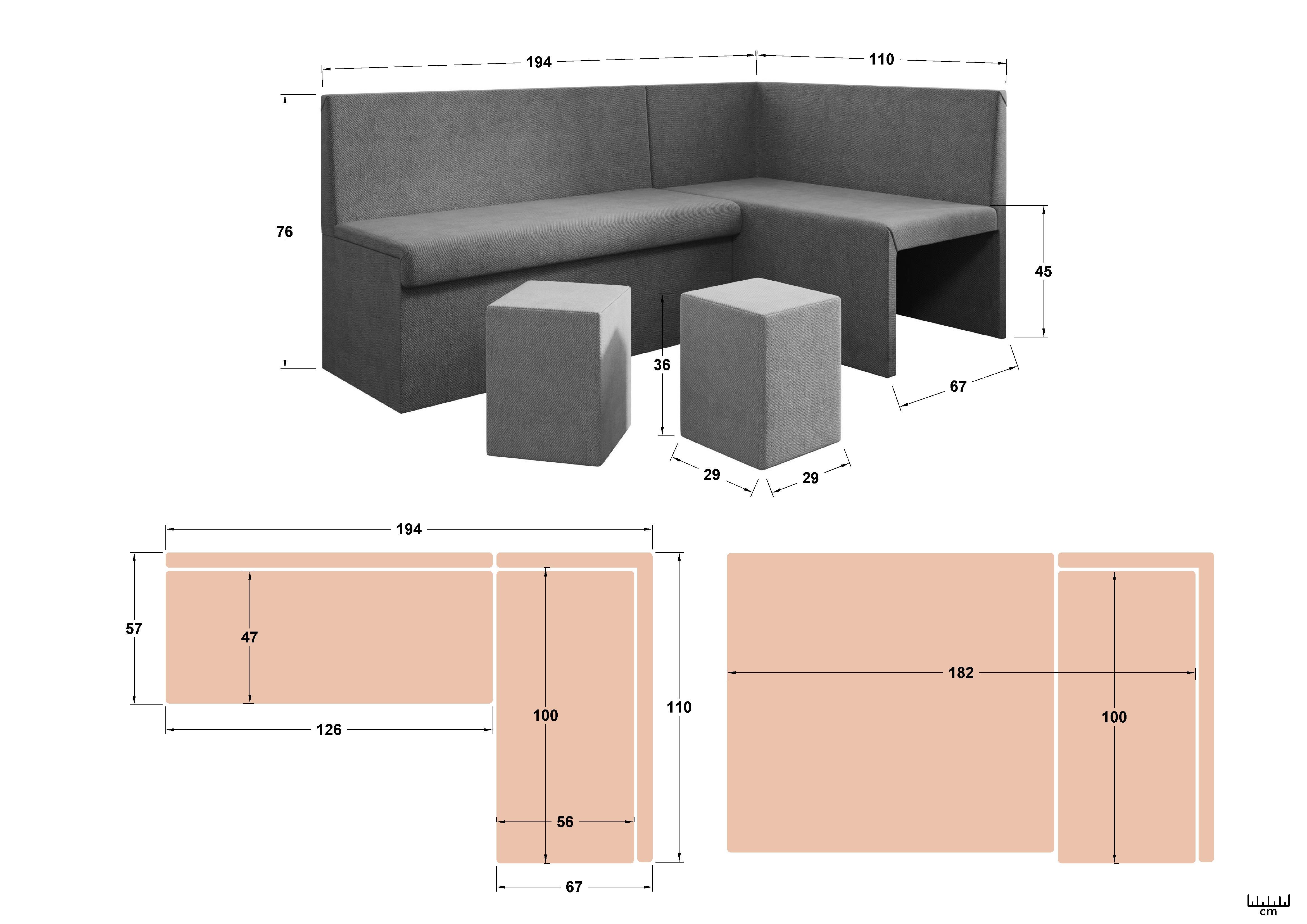 Extendable kitchen corner + 2 ottomans Venturo, dark grey + grey  2