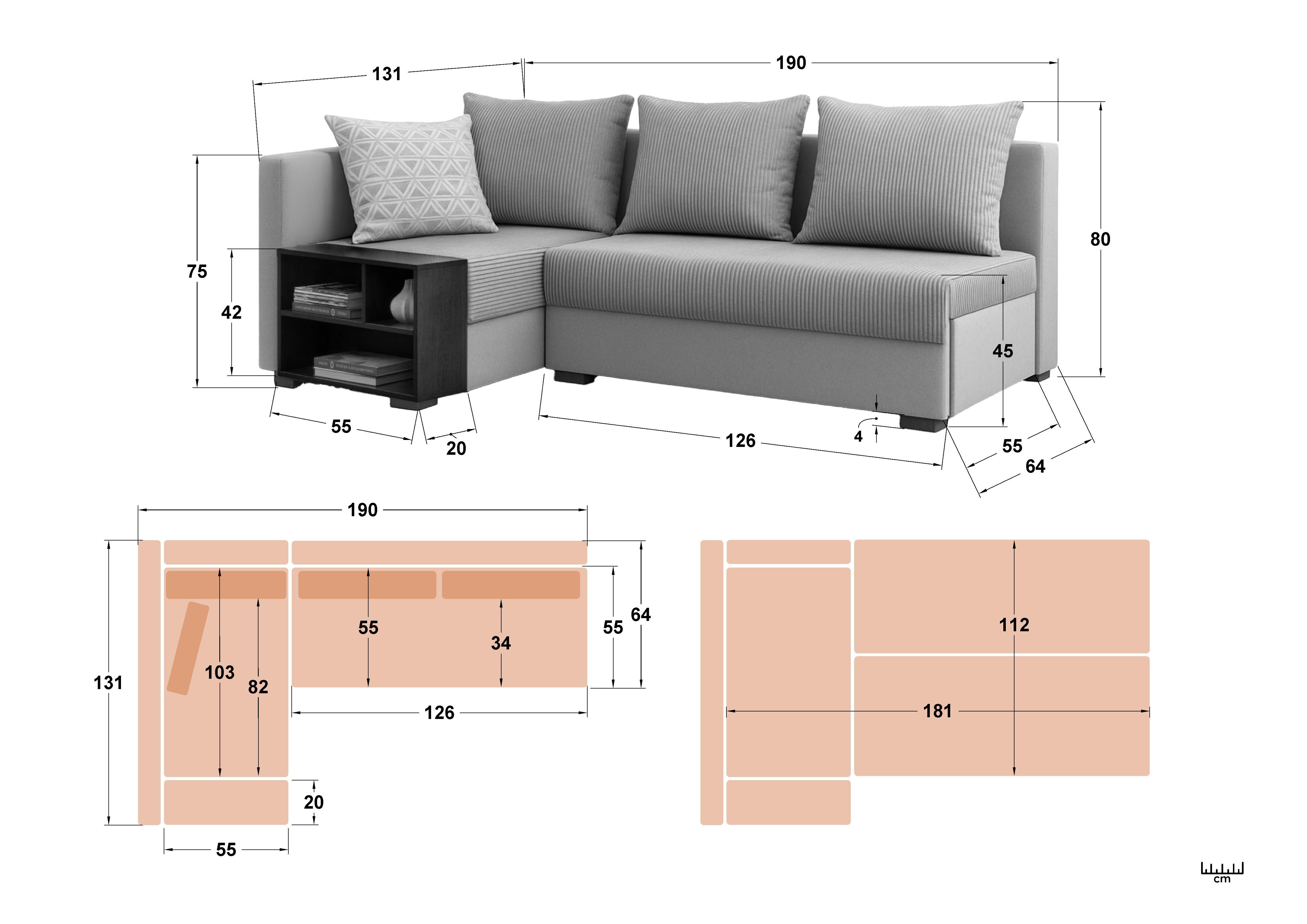 Extendable corner sofa with shelf armrest Verdi, beige  2