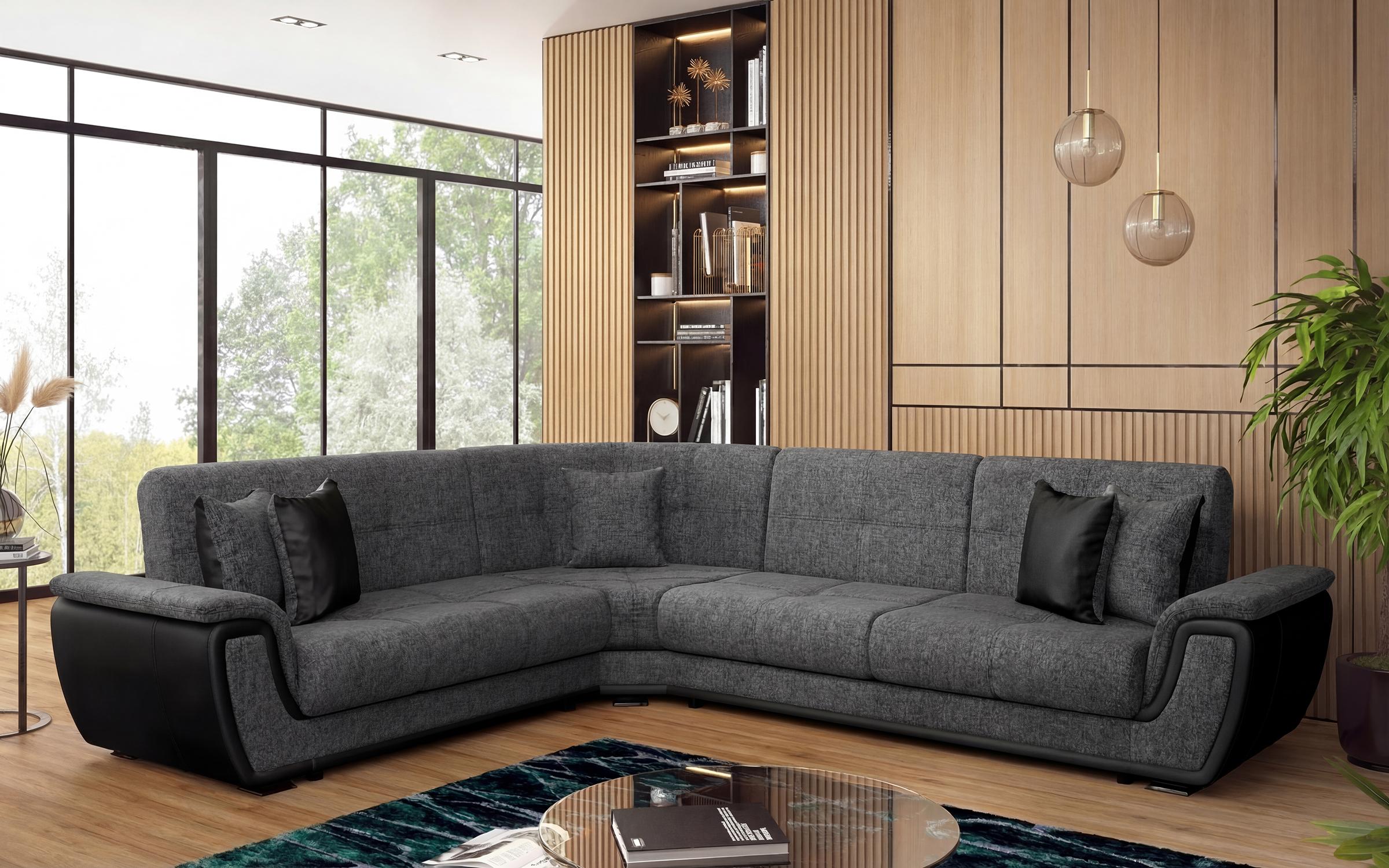 Living room corner Princess, grey + black leather  1