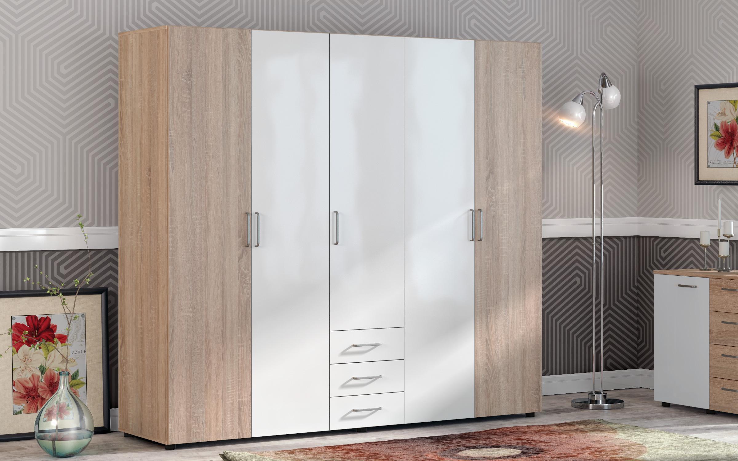 Multi-door wardrobe with drawers Medeya, Sonoma oak + white gloss  1